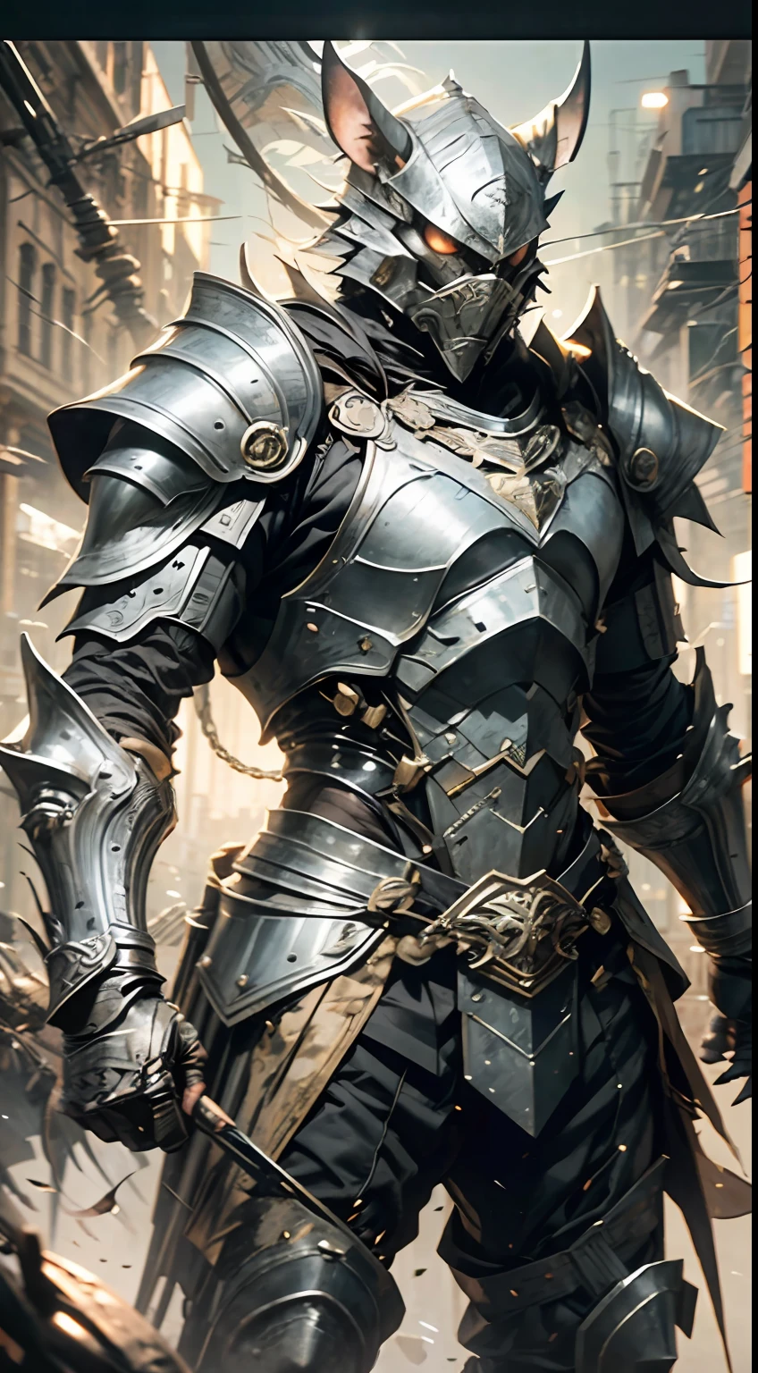 "Movie clip of the silver-armored warrior rat，Elaborate heavy armor glistens in movie lights。”