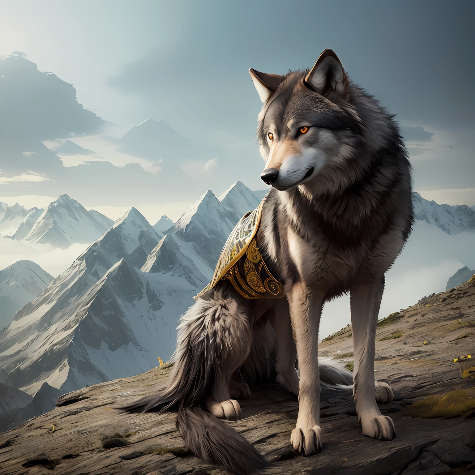 A wolf made of metal、Animal Art(Tiere、metalic、metals、Metallic luster、Made of metal body、fe、Black iron、golds)Wild Pose、Not a single person、top-quality、art by、myth、Official Art、Realistic Wolf、The background has a mythical atmosphere、Delicately --auto
