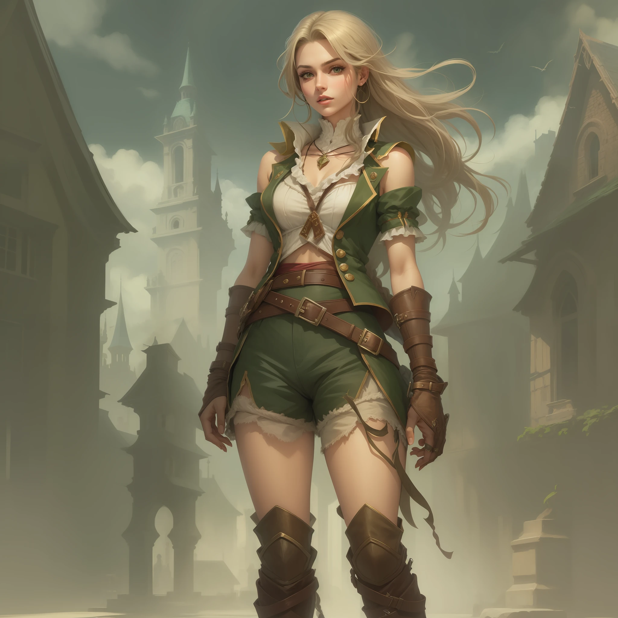 mulher loira de shorts curto, roupa verde e branca, cabelo loiro, cabelo dourado, cabelo longo, plaits, botas brancas, castlevania