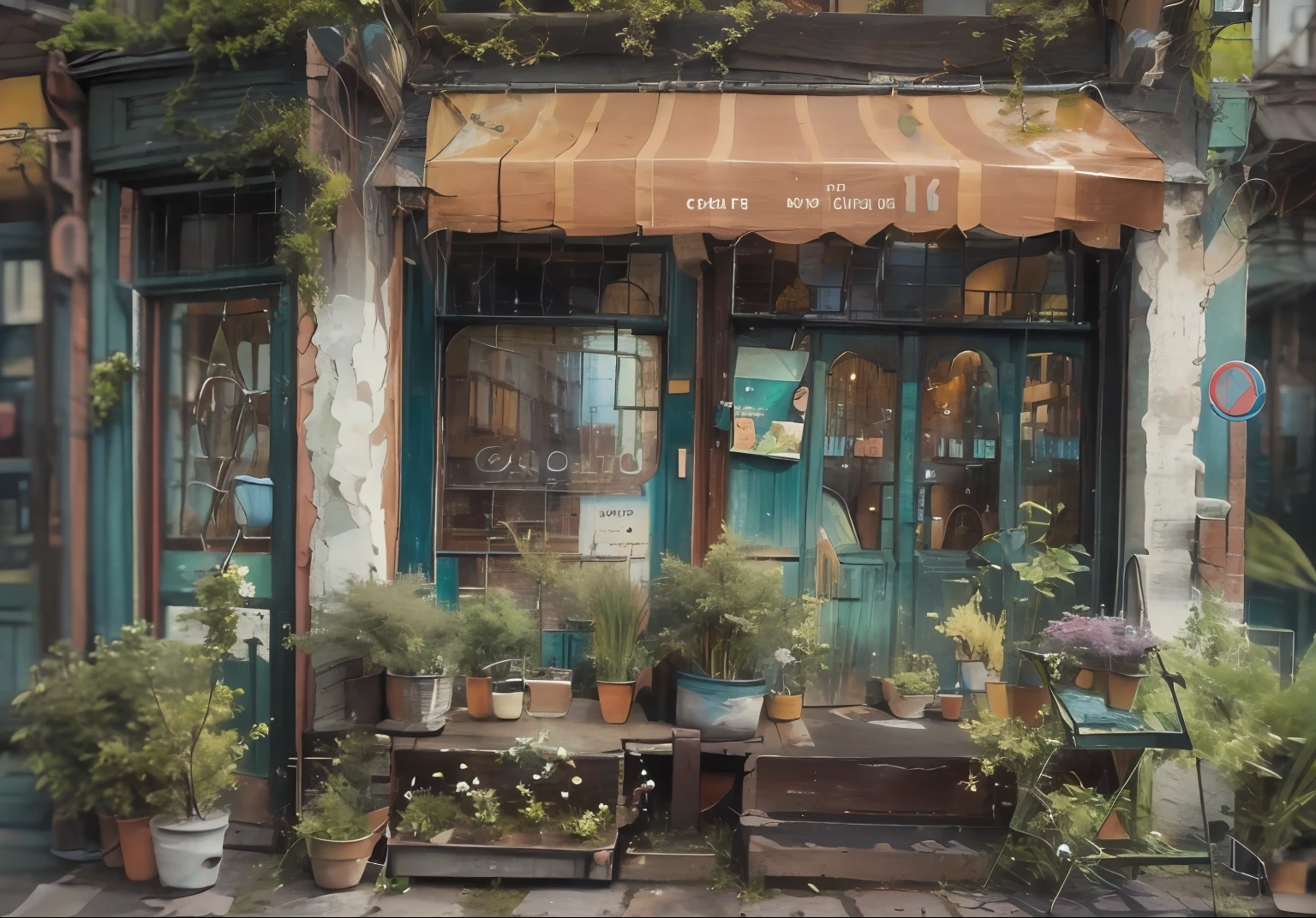 (tmasterpiece、top-quality、ultra - detailed、illustratio), Flowers, No_Humanity, window, a chair, DL, Landscapes, Door, potted plant_plant, stool, vases, flower_pot, coffeehouse, Cute build style、Canopies、blackboards、France