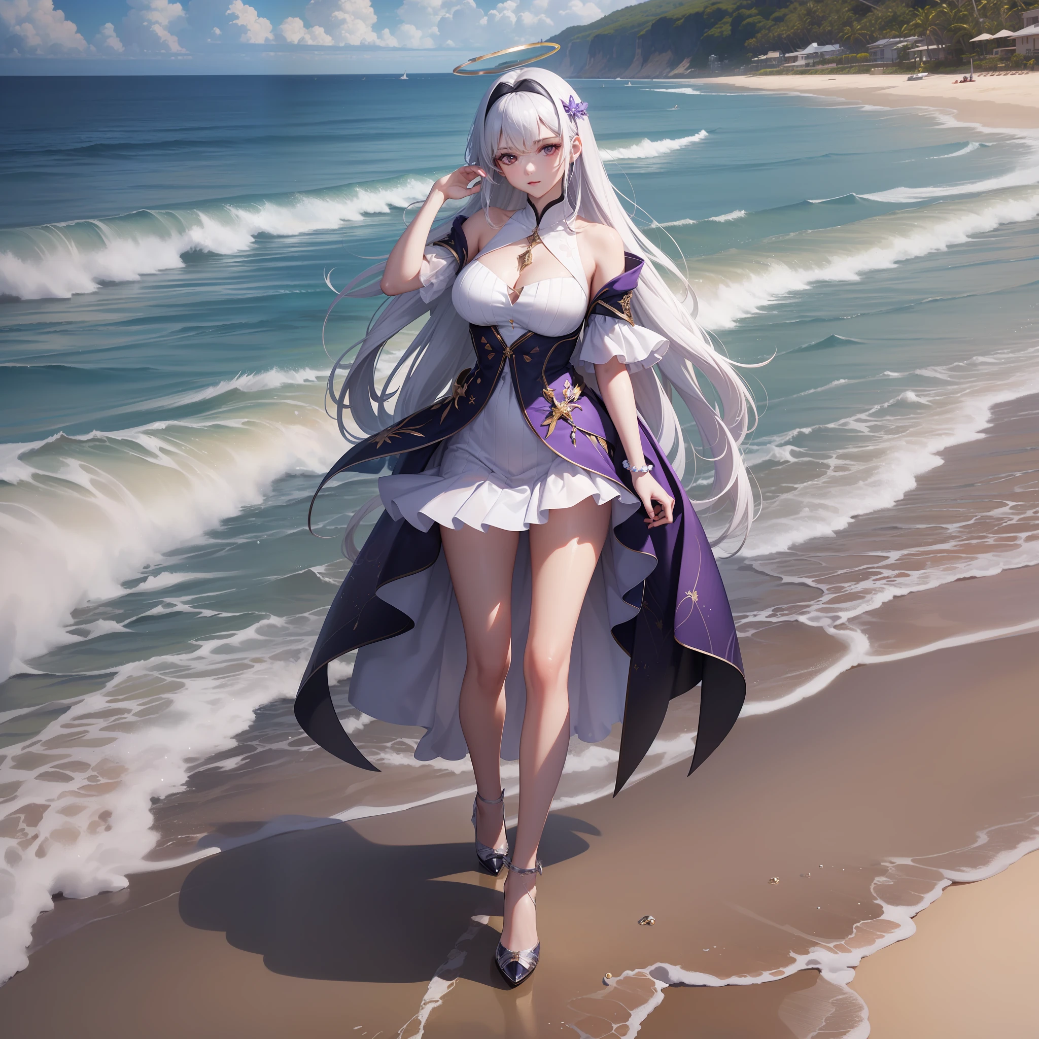 (the Extremely Detailed CG Unity 8K Wallpapers,best qualtiy,tmasterpiece),Long white hair with purple tinge,On the beach by the sea,Dynamic and elegant posture,Short skirt with white gold trim,a glowing halo,high-heels。