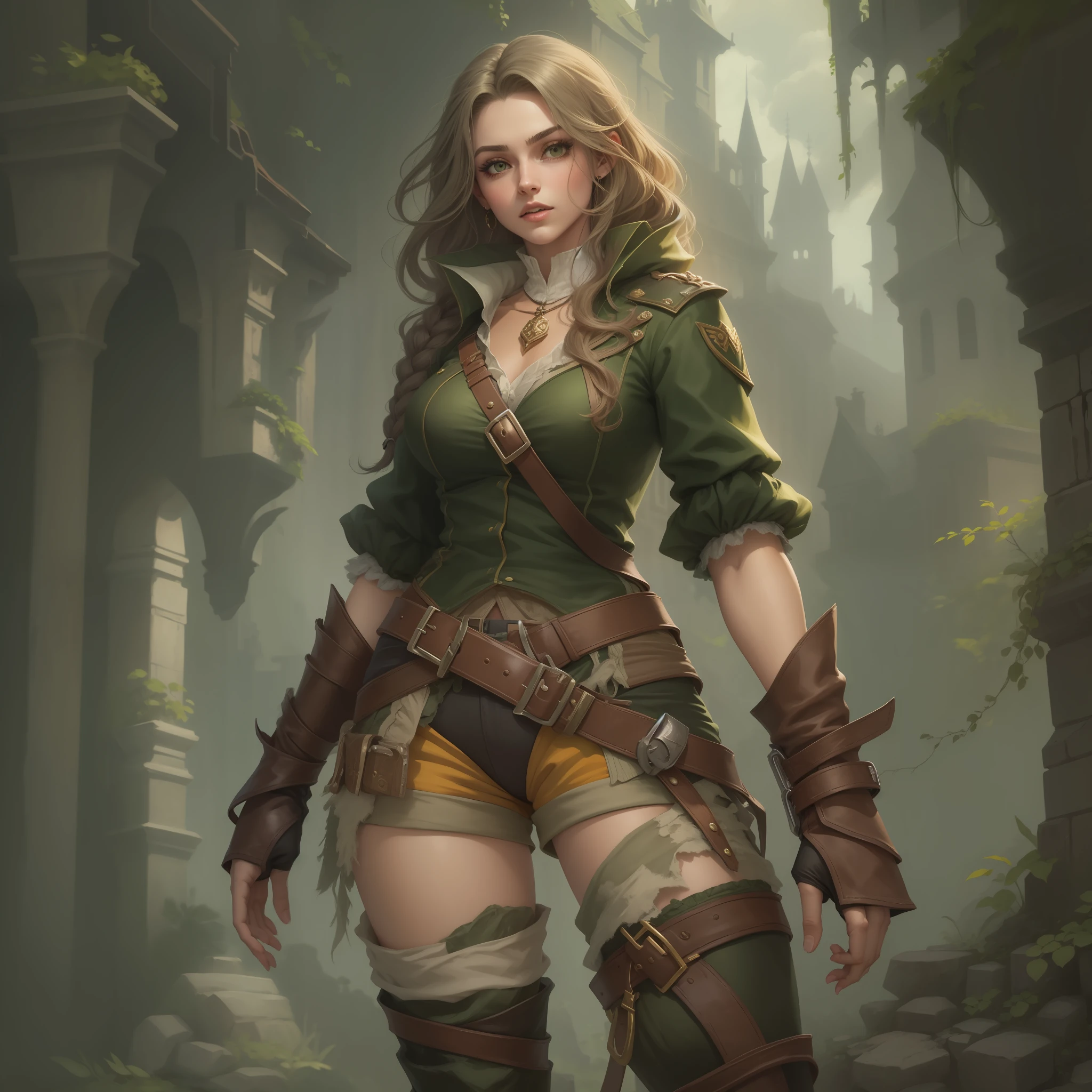 mulher loira de shorts curto, roupa verde e branca, cabelo loiro, cabelo dourado, cabelo longo, plaits, botas brancas, castlevania