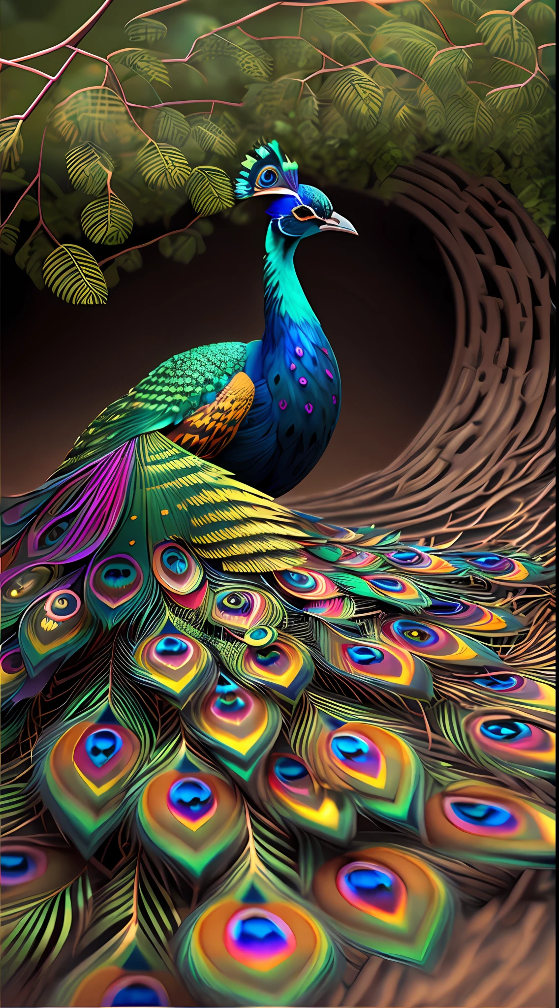 A colorful peacock,Colorful feathers,The feathers are brightly colored and layered,Standing on a branch。(The peacock faces sideways:1.3),(The peacock picture is centered),(medium distance)Ultra photo realsisim,super-fine,超高分辨率,8K,Premium wallpapers,Highest image quality,3D,C4D