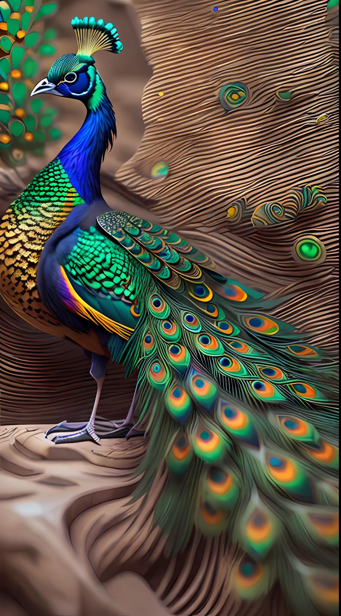 A colorful peacock，Colorful feathers，The feathers are brightly colored and layered,Standing on a branch。(The peacock faces sideways：1.3），（The peacock picture is centered），(medium distance)Ultra photo realsisim，super-fine，超高分辨率，8K,Premium wallpapers，Highest image quality，3D,C4D