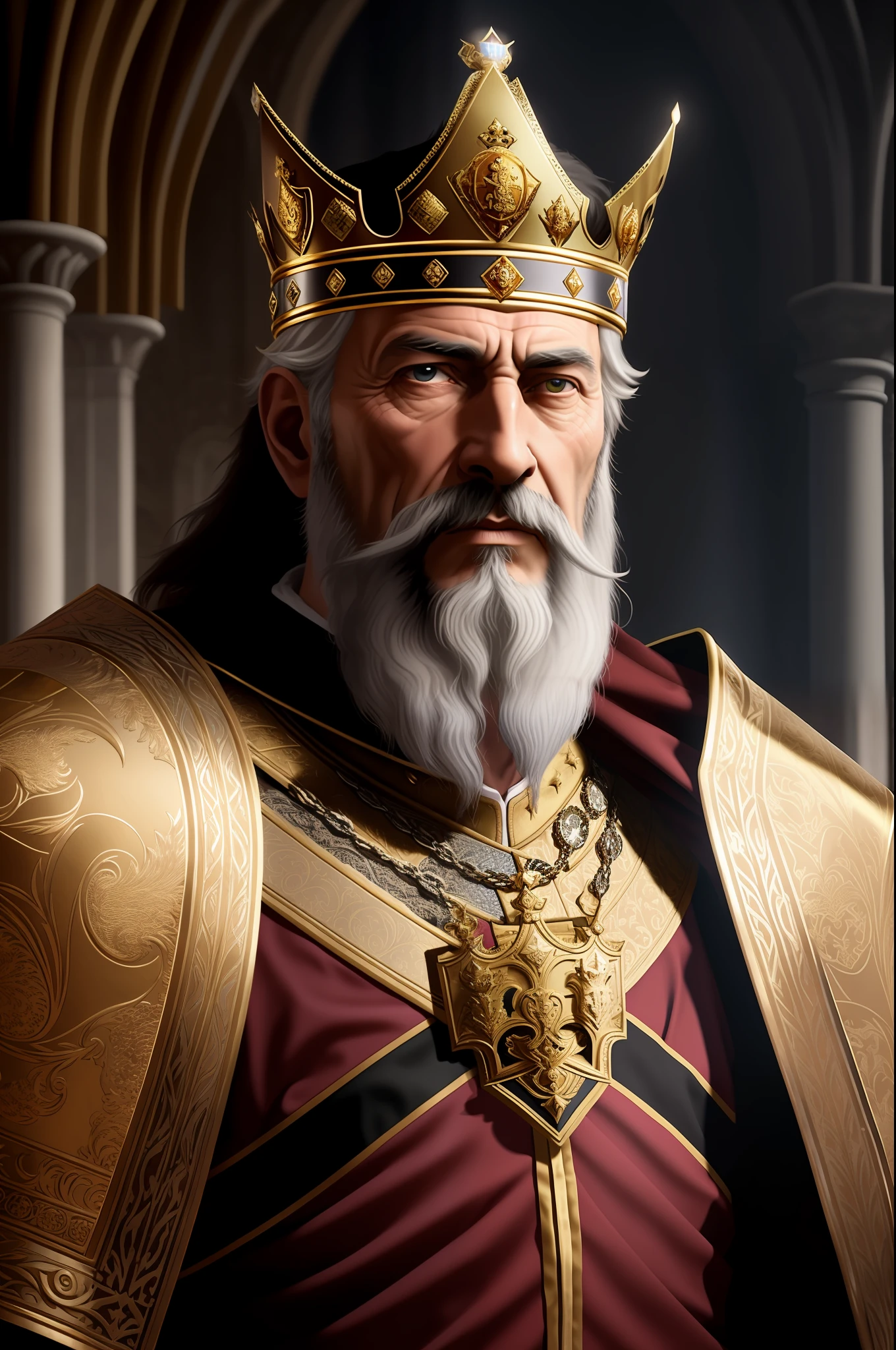 a close up of a man wearing a crown and a gold robe, medieval old king, portrait of a medieval old king, great king of stovokor, portrait of medieval old king, king richard the lionheart, crusader kings 3, majesty in noble clothes, portrait of emperor of mankind, portrait of a king, nicholas, viking king