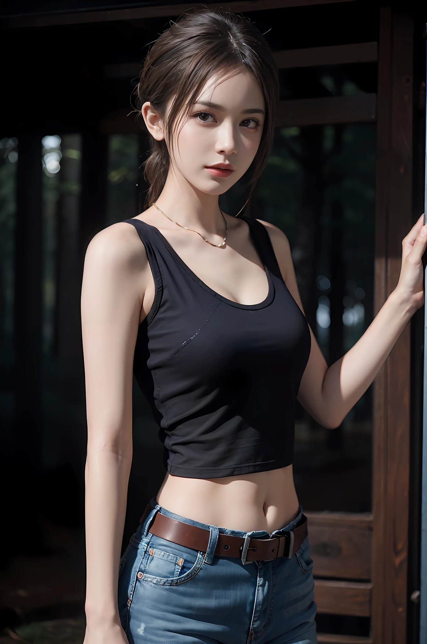 high qulity,Surrealist portraits of women,Fantasyart,photographrealistic,动态照明,Artistically,poster for,Volumetriclighting,(Very detailed faces:1.2),4 k'',Award-Awarded,ln the forest,blur backgroun,1girll,heroic look,long whitr hair,whaite hair,largeaperture,black tanktop,blue denim pants,Brown belt,softlighting,Dingdall effect
