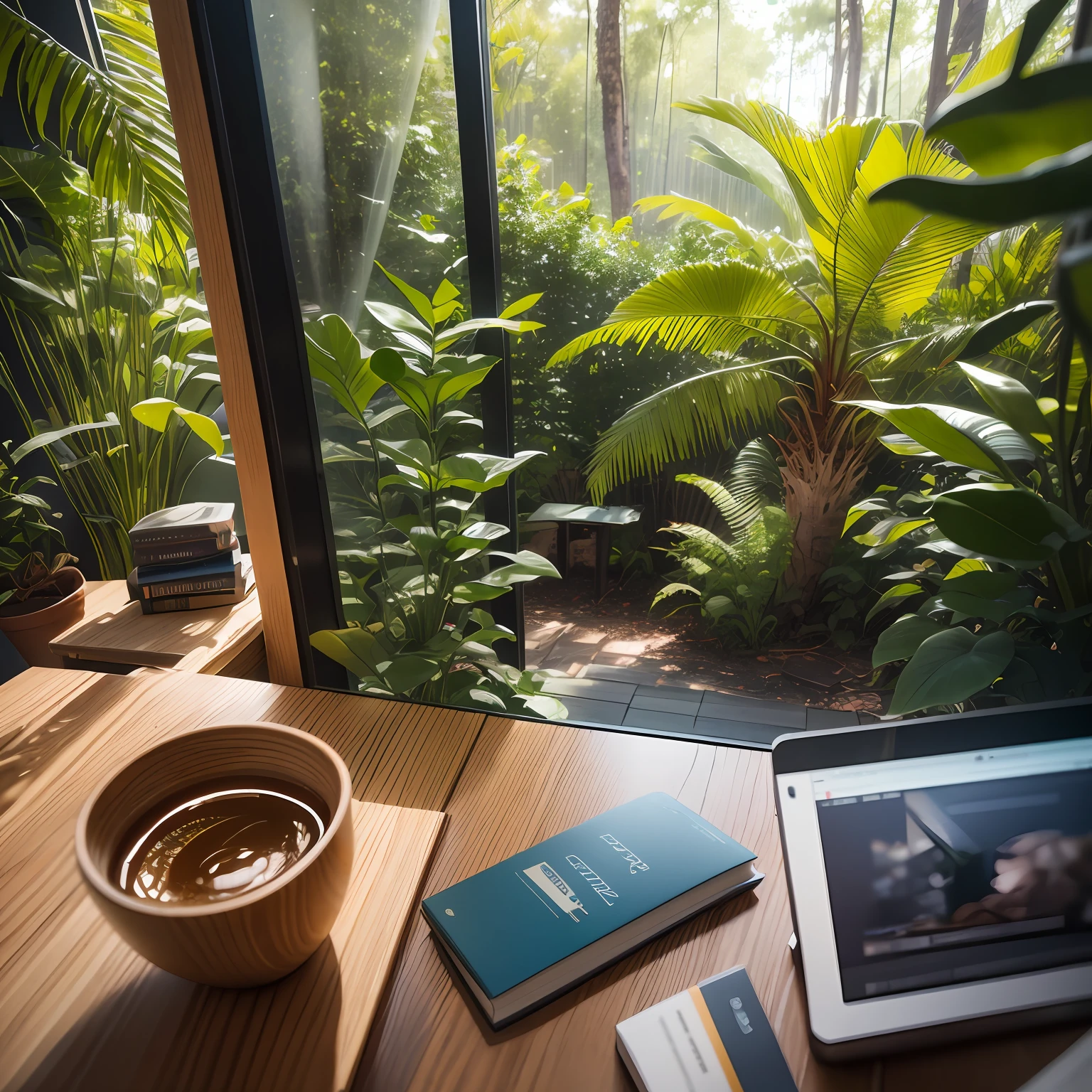 ((photo realistic)), ((Home office)), ((interior design)), ((modern)) and ((ecological)), ((architecture photography)), dynamic perspective, dynamic angle, natural lighting&gt;artificial lighting , some plants, some books, laptop and drone, window, amazon forest outside the window, ((wooden furniture:1.2|\[metal furniture\]:0.8)), earthy colors, ((no people)),masterpiece, best quality, film grain, Fujifilm XT3.