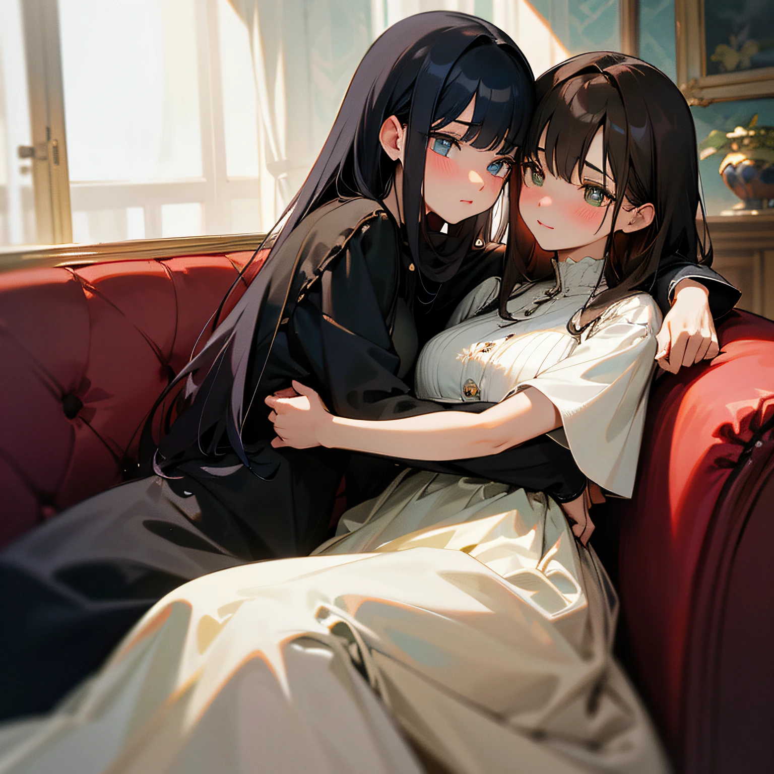 hight resolution,ultra-detailliert,Official art,Beauty and aesthetics,masterpiece,best qualtiy,ighly detailed,Variegated,Most details、Shining eyes、Detailed eyes、face perfect、enigmatic、A dark-haired、night wear、Hugging a girl on the sofa、Hugging each other、Two people staring at each other、laught、Perplexed、Secret Aise、red blush