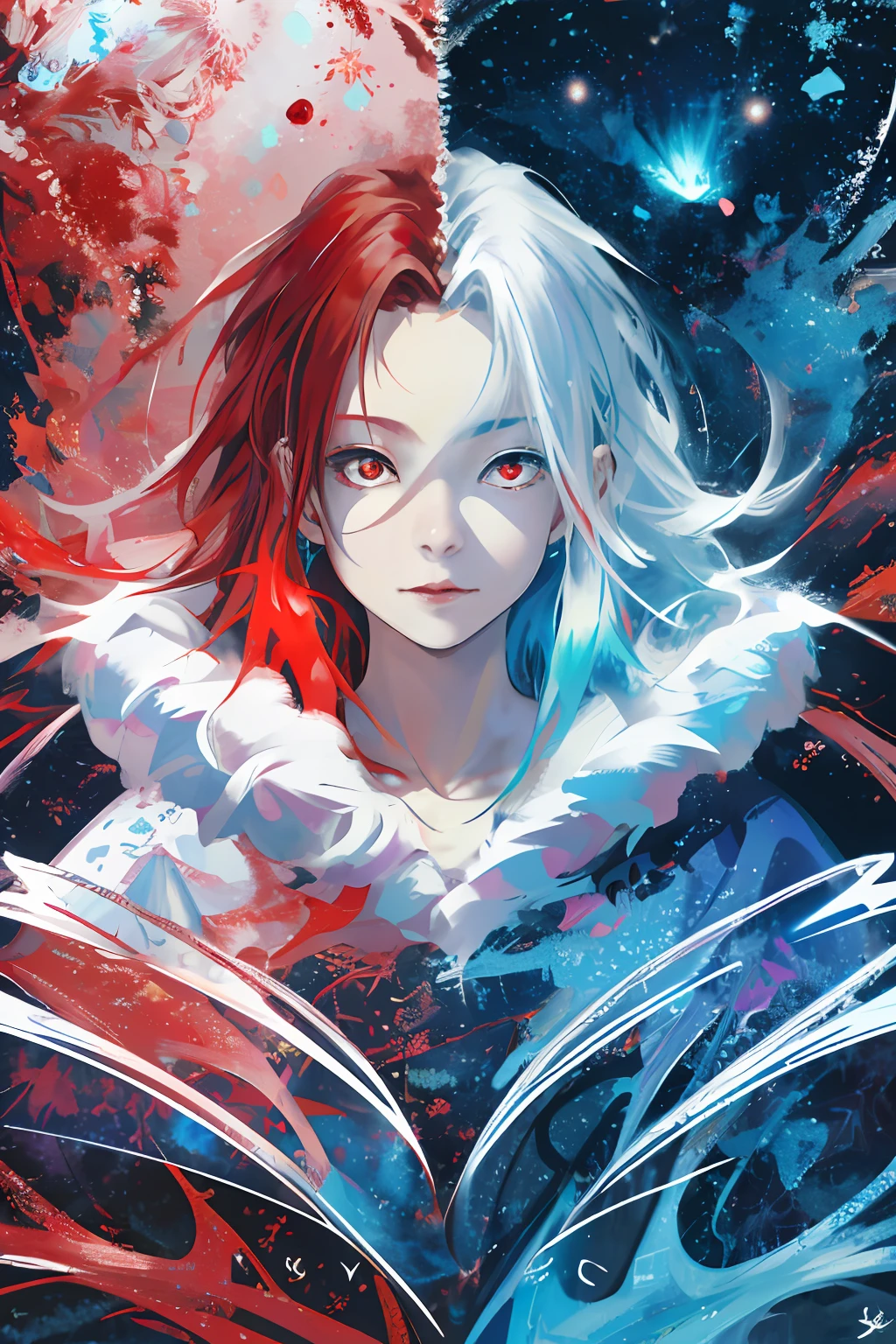 realisticlying、Masterpiece quality、best qualtiy、offcial art、Beauty and aesthetics：1.2、Very detailed fractal art、Colorful abstract background、Kizi、Kamimei、The color hair、long whitr hair、luminous red eyes、Mysterious magic、Girl of Ice and Fire，Red and blue color scheme