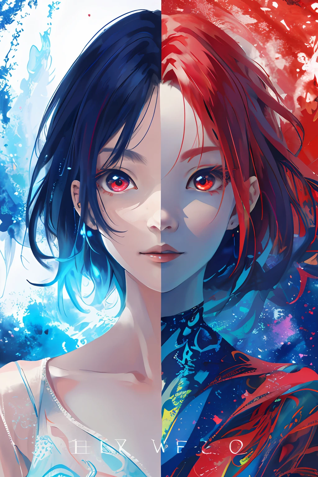realisticlying、Masterpiece quality、best qualtiy、offcial art、Beauty and aesthetics:1.2、Very detailed fractal art、Colorful abstract background、Kizi、Kamimei、The color hair、long whitr hair、luminous red eyes、Mysterious magic、Girl of Ice and Fire,Red and blue color scheme