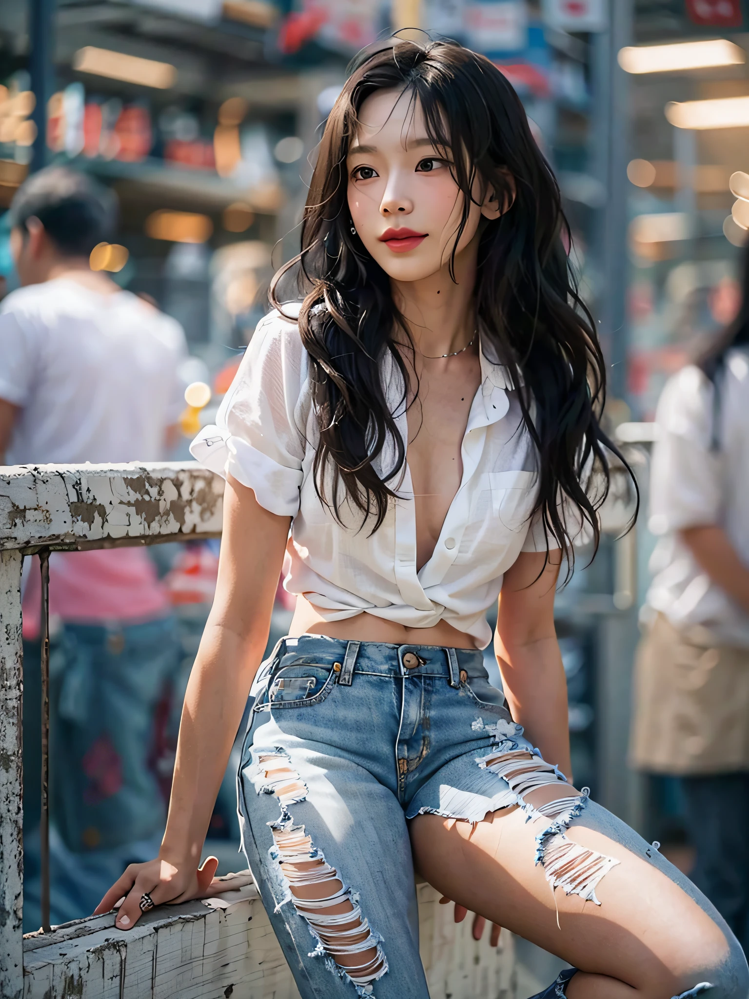 film photography, masterpiece, 1girl, ripped denim, white shirt, white sneaker, shopping, seductive smile, medium breast, full body, drunk blush:1.5, black wavy shoulder-length hair, serene, calm, (realistic detailed eyes, natural skin texture, realistic face details), soft dramatic lighting, depth of field, bokeh, vibrant details, finely detailed, hyperrealistic