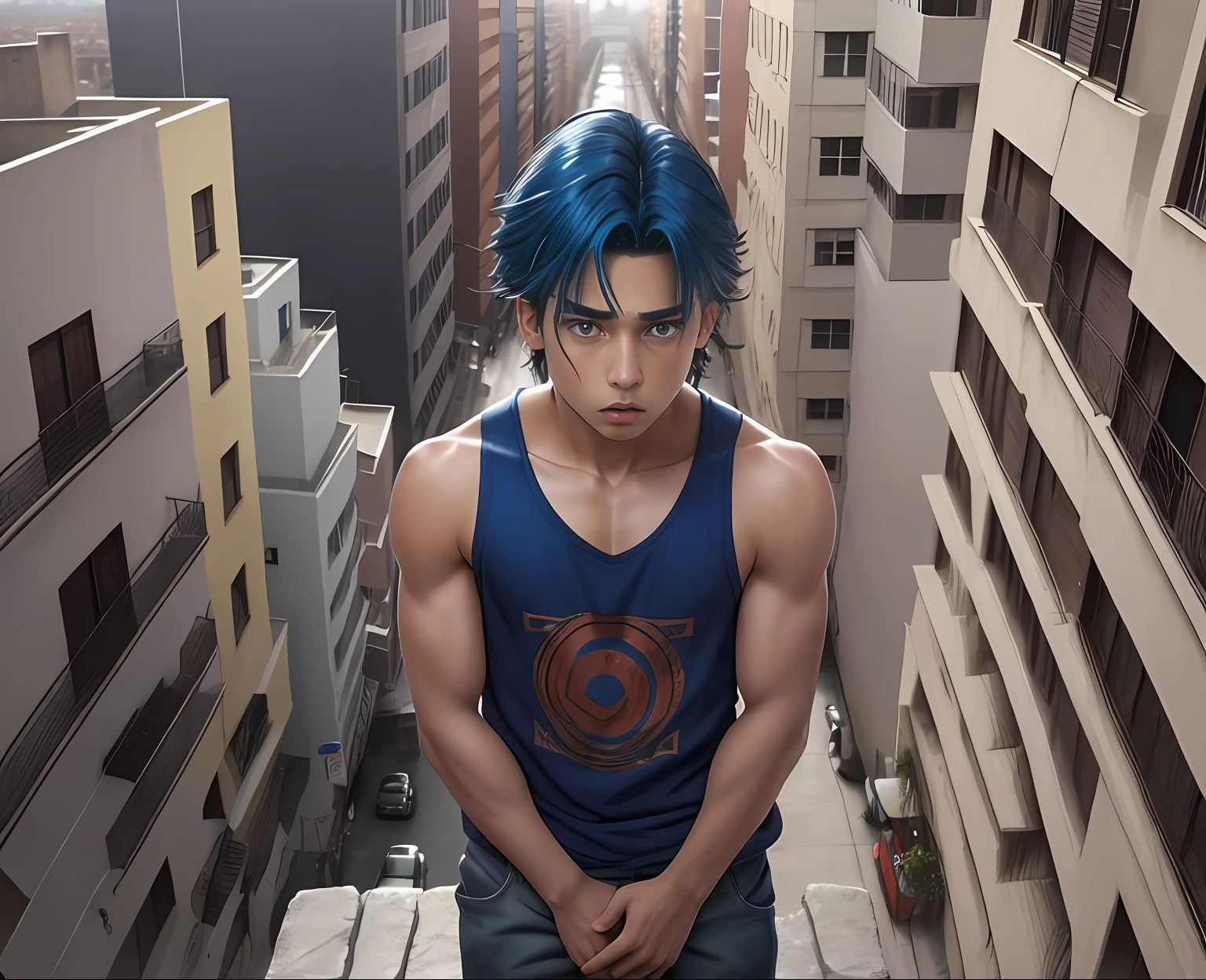 cabelo color azul, cabello lacio, -yeld bomestizo sin ropa dorso descubierto cabello de color azul, ojos azules , mira ala ciudad, Anime image of a 15-year-o ma top a building in New York , esta mirando triste desconcertado la ciudad, desde lo alto de una escuala., cabello azul rostro mestizo, ojos azules,sin camisa atuendo tribal egipcio, egipcia antigua mirando desde lo alto de una escuela secundaria a una ciudad triste muy lejana , , Screenshot of anime movie