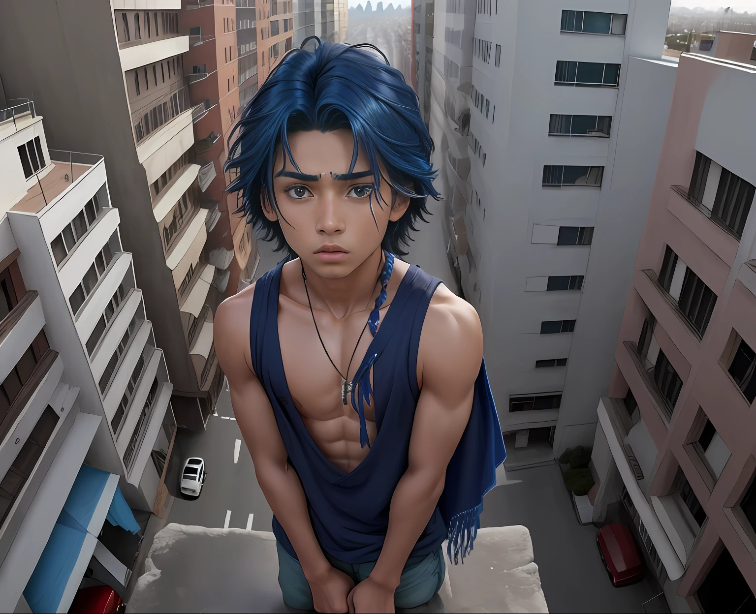 cabelo color azul, cabello lacio, -yeld bomestizo sin ropa dorso descubierto cabello de color azul, ojos azules , mira ala ciudad, Anime image of a 15-year-o ma top a building in New York , esta mirando triste desconcertado la ciudad, desde lo alto de una escuala., cabello azul rostro mestizo, ojos azules,sin camisa atuendo tribal egipcio, egipcia antigua mirando desde lo alto de una escuela secundaria a una ciudad triste muy lejana , , Screenshot of anime movie