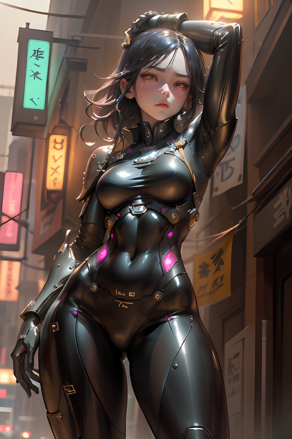 In the heart of the hidden unground city of Guangxi is the Lánghù Héjīn Complex, Jingfei Liu[Chinese Woman] [32 years old] [athletic body] [Leader of the Lán Hú Lóng Mercenaries]stands tall in her sleek Lán Hú Lóng nano skin tight armor suit that is exposing her. The deep blue accents shimmer under the city's neon lights. She raises her arm, and with a thought, a pair of Lánghù Héjīn gauntlets materialize around her wrist. Energy shielded Gloves flicker to life around her hands. With a angered look in her eyes, she begins to hunt for her target, her movements a blur of precision and power. [Angry]