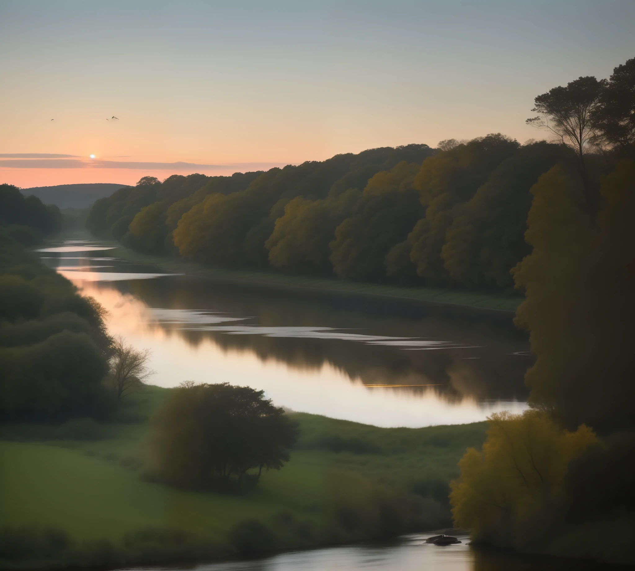 [Serene morning landscape:1.3] with the [sun rising over the horizon:1.2], casting a warm golden glow over the [gentle rolling hills:1.2]. In the foreground, there's a [calm and meandering river:1.2] reflecting the vibrant colors of the sky. On the riverbank, you see [wildflowers in full bloom:1.2] adding a pop of color to the scene.

[Trees swaying softly in the breeze:1.1] surround the area, their leaves gently catching the morning light. A [flock of birds flying in a V-formation:1.1] can be seen in the distance, heading towards their next destination.

In the middle of the landscape, there's a [cozy wooden cabin:1.3] with smoke gently rising from its chimney