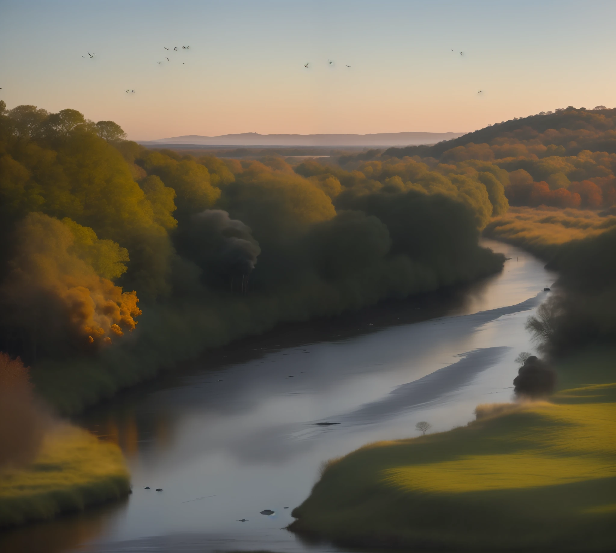 [Serene morning landscape:1.3] with the [sun rising over the horizon:1.2], casting a warm golden glow over the [gentle rolling hills:1.2]. In the foreground, there's a [calm and meandering river:1.2] reflecting the vibrant colors of the sky. On the riverbank, you see [wildflowers in full bloom:1.2] adding a pop of color to the scene.

[Trees swaying softly in the breeze:1.1] surround the area, their leaves gently catching the morning light. A [flock of birds flying in a V-formation:1.1] can be seen in the distance, heading towards their next destination.

In the middle of the landscape, there's a [cozy wooden cabin:1.3] with smoke gently rising from its chimney