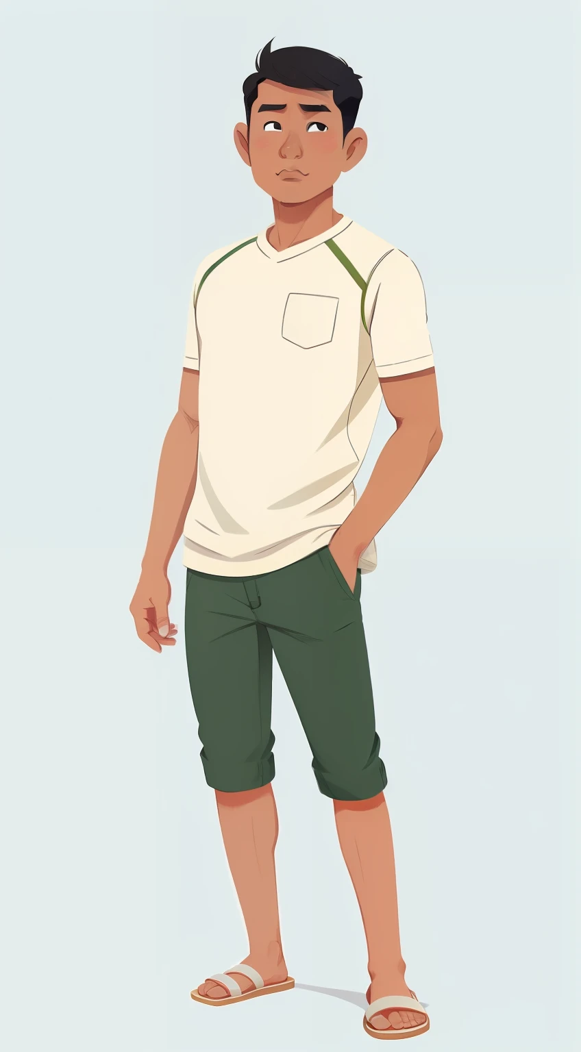 1 man, indonesia, jakartan, javanese, fisherman, 30 year old, full body illustration, front view, wearing a white casual singlet, flipflop, skinny body, short green pants, no abs, white background, black skin, short hair