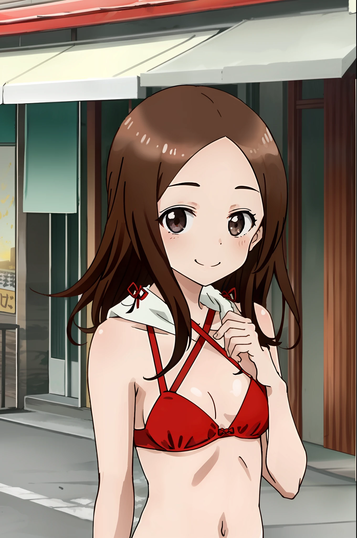 Takagi1, 1girl, solo, red bikini, blush, sassy smile, best quality, masterpiece, upper body