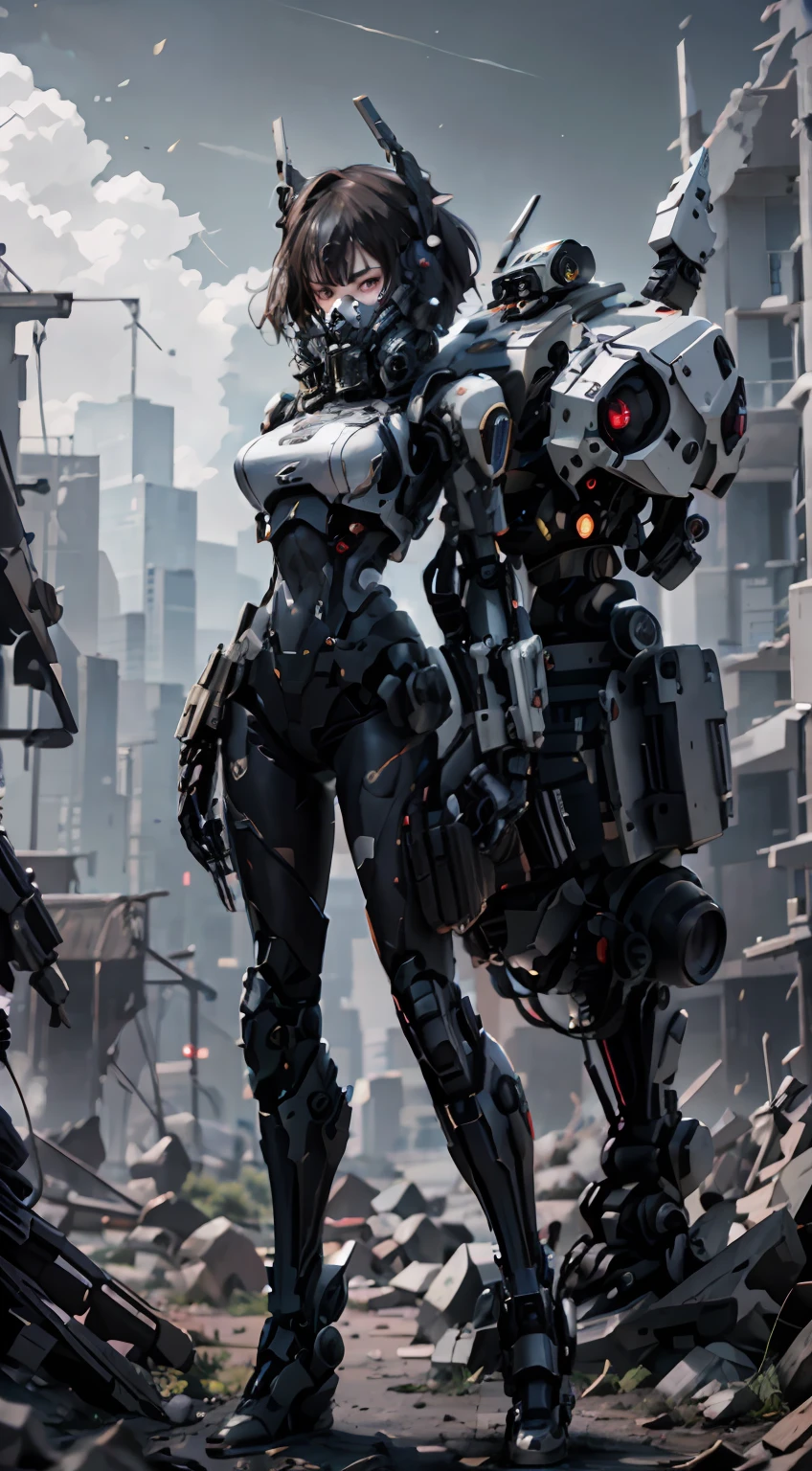 This is a CG Unity 8k wallpaper with ultra-detailed, high-resolution and top quality in cyberpunk style, dominated by black and red. In the picture, a beautiful girl with white messy short hair, a delicate face, wearing a steam mecha mask, standing on the ruins, behind her is a huge robot, and the action of a woman holding a heavy sniper rifle in her hand,