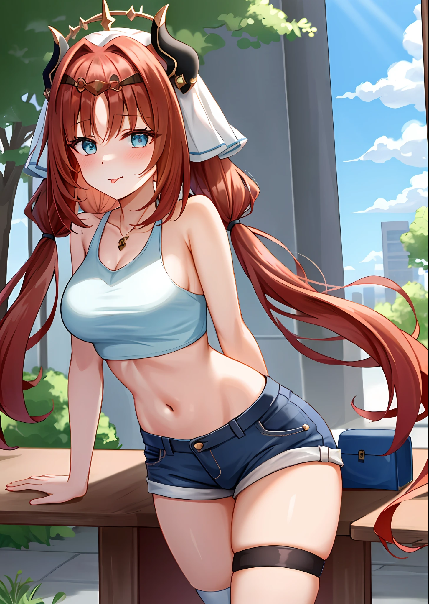 (masterpiece, best quality, ultra-detailed), nilou \(genshin impact\), (red hair), cone hair bun, twin tails, long hair, swept bangs, braid, braided bangs, blue eyes, blue eyes,
(wearing a t-shirt:1.2), sitting on a chair outside of caf, embracing the natural beauty, sunlight, beautiful cloudy sky, city, street, denim shorts, black stocking,
medium breasts, thick thighs, critical angle, cowboy shot, arm behind head, arm behind back, holding breasts, tongue out, crop top, strong and seductive expressions,,