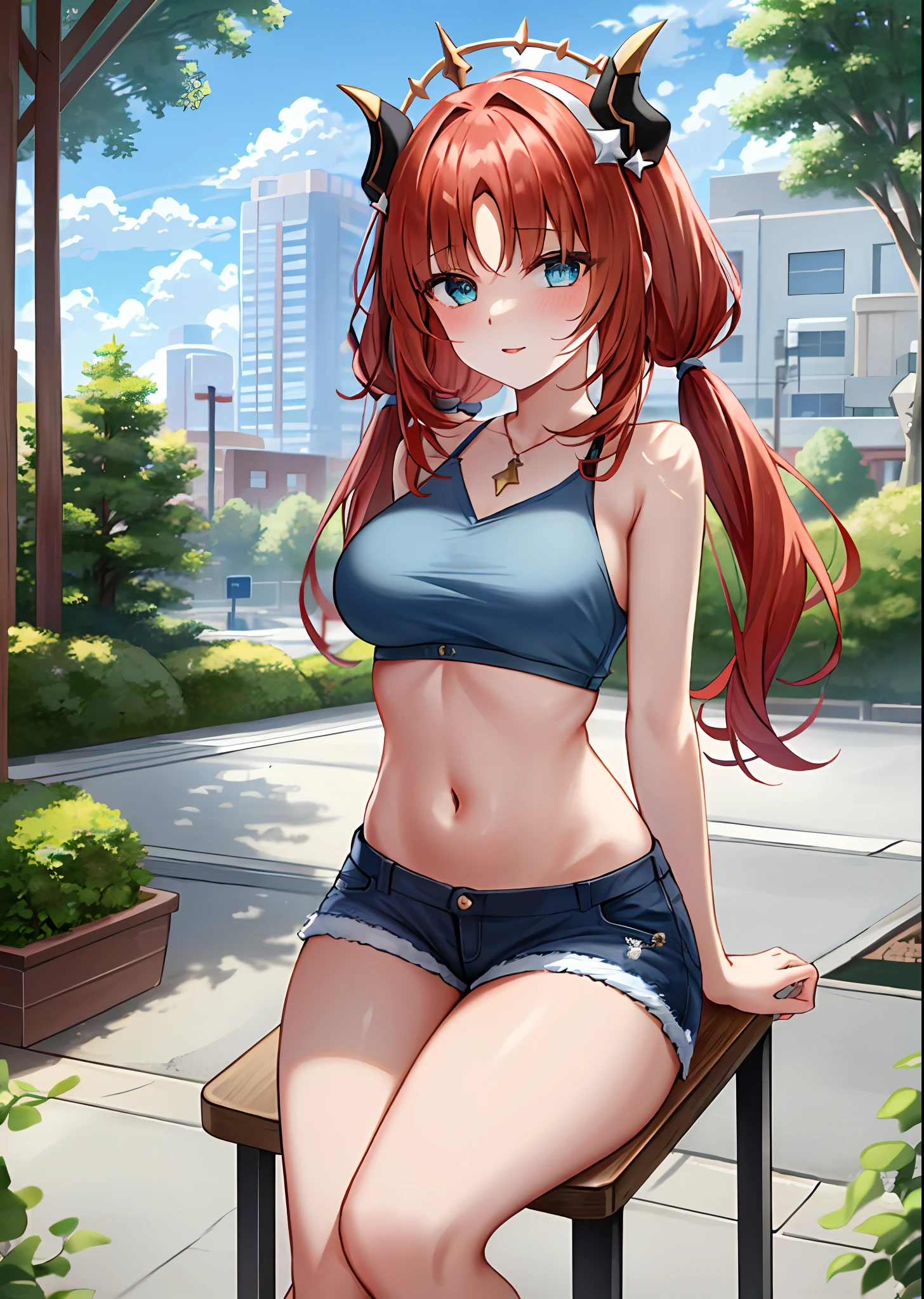 (masterpiece, best quality, ultra-detailed), nilou \(genshin impact\), (red hair), cone hair bun, twin tails, long hair, swept bangs, braid, braided bangs, blue eyes, blue eyes,
(wearing a t-shirt:1.2), sitting on a chair outside of caf, embracing the natural beauty, sunlight, beautiful cloudy sky, city, street, denim shorts, black stocking,
medium breasts, thick thighs, critical angle, cowboy shot, arm behind head, arm behind back, holding breasts, tongue out, crop top, strong and seductive expressions,,