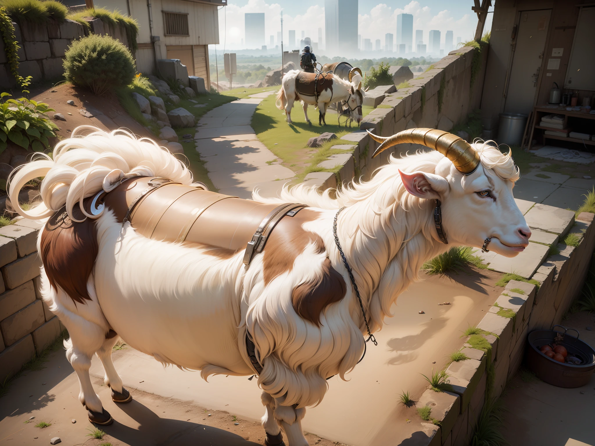Realistic , cyber punk, goat, big horns rounded horns, chest
