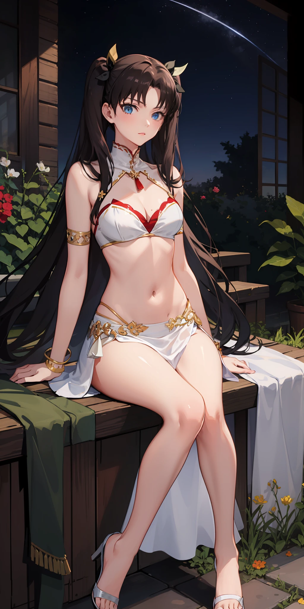 long hair, black hair, medium breast, slim legs, nervous, white gown, cleavage, arabian belly dancer , skirt, rin tohsaka, twin tail, navel, garden, night, sitting, blue eyes