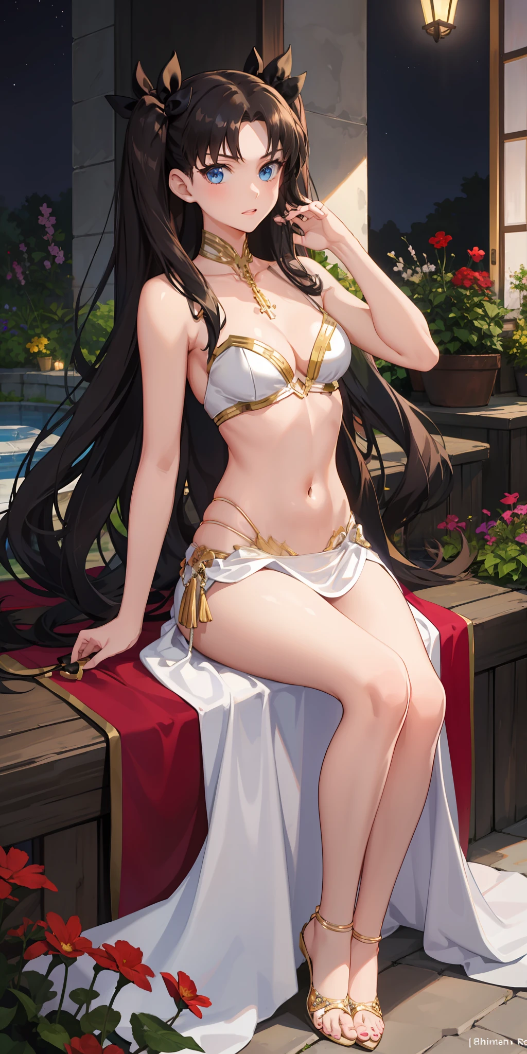 long hair, black hair, medium breast, slim legs, nervous, white gown, cleavage, arabian belly dancer , skirt, rin tohsaka, twin tail, navel, garden, night, sitting, blue eyes