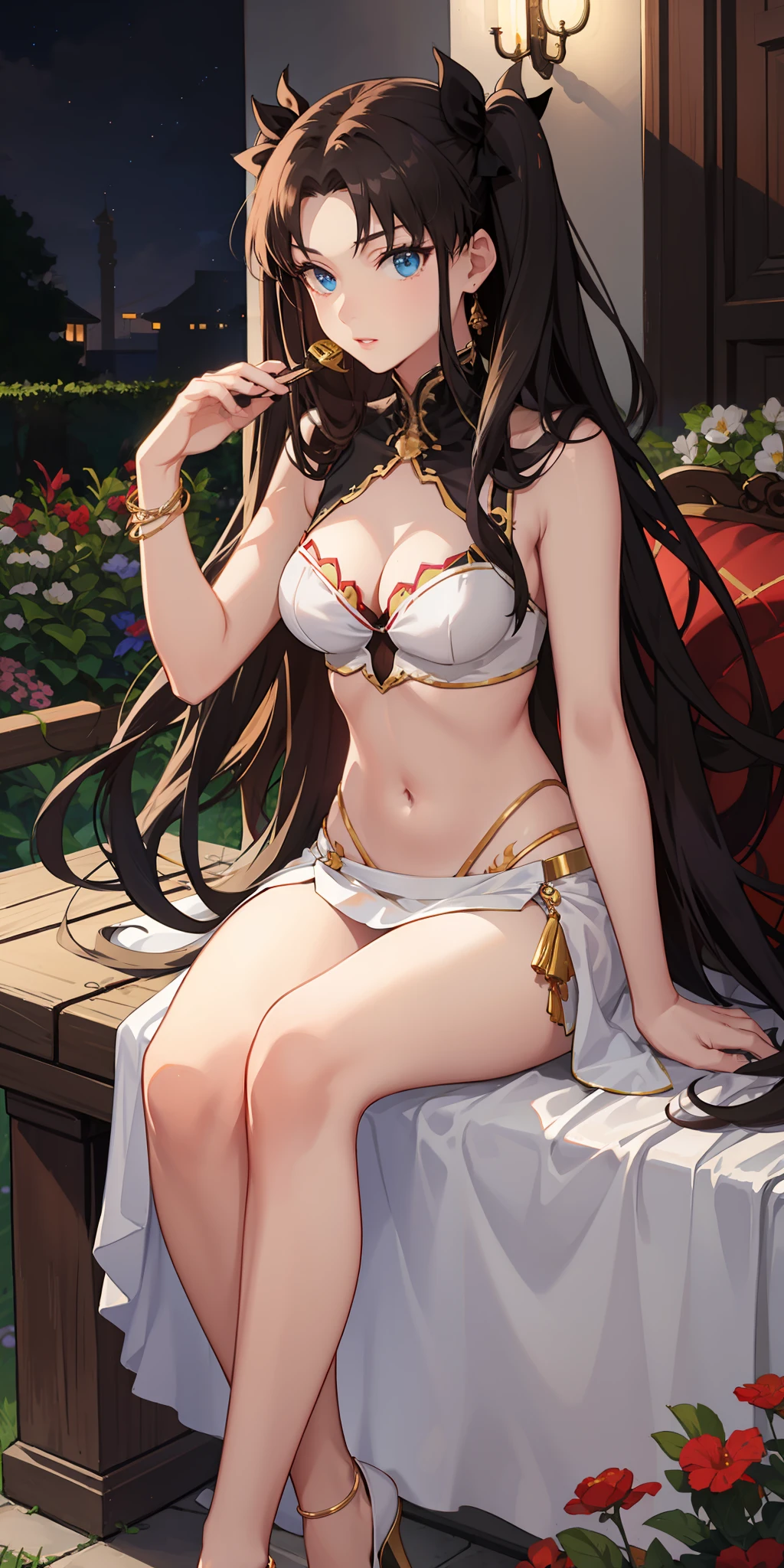 long hair, black hair, medium breast, slim legs, nervous, white gown, cleavage, arabian belly dancer , skirt, rin tohsaka, twin tail, navel, garden, night, sitting, blue eyes