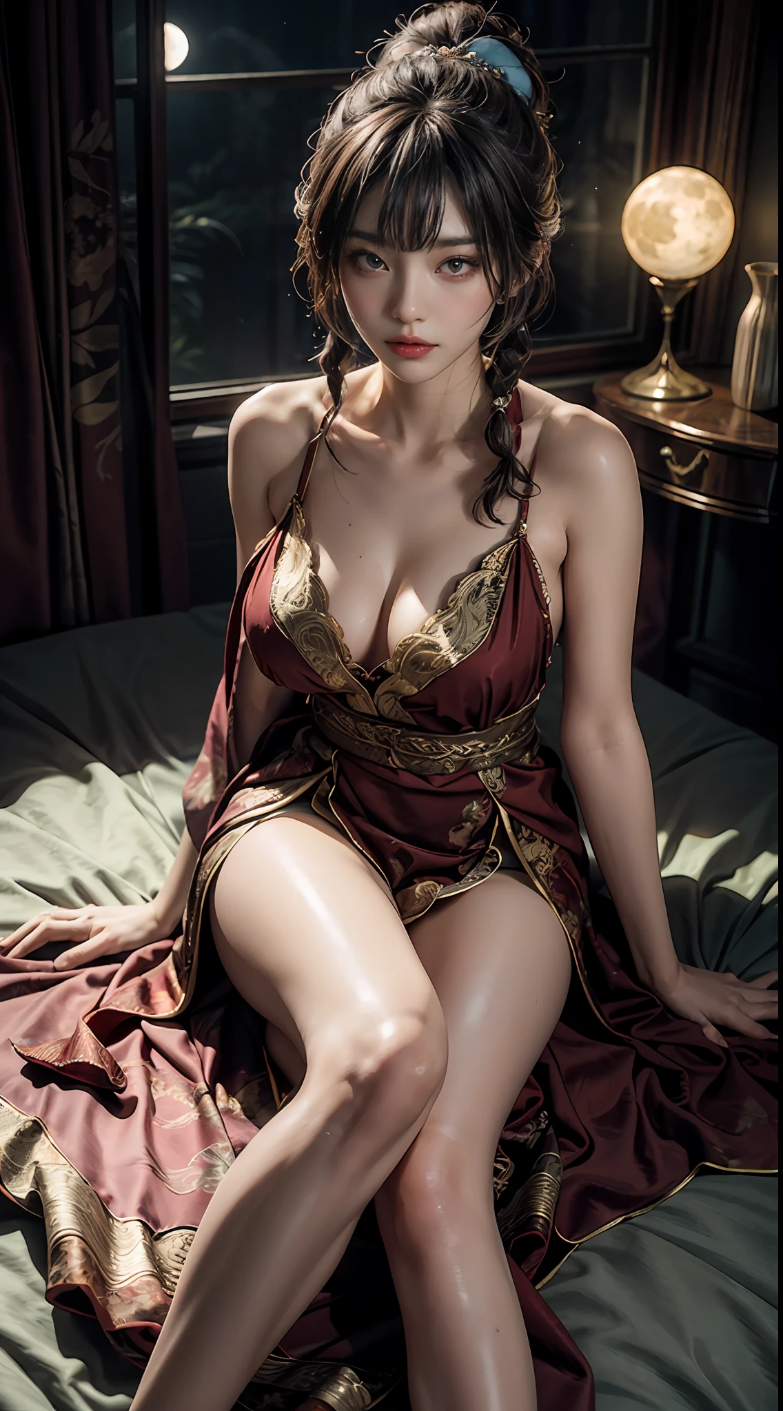 Art depicts a charming woman,Dressed in a flowing manner、Silky low-cut hanfu,In pink,Decorated with intricate patterns and bright colors。Her dress draped elegantly over her curvy figure,Highlights her seductive silhouette。She lay lazily under the moon,legs are open ,Shines through panties,bathed in the soft glow of the moonlight。The scene exudes an ethereal and dreamy atmosphere,With a touch of mystery and sexiness。The image style incorporates watercolor and digital illustration techniques,It evokes a refined beauty and charm。The lights are filled with soft moonlight,casting soft highlights and shadows on her charming features。Bare thighs,Bigchest,Three-dimensional facial features,Lie with your legs apart,Side braids