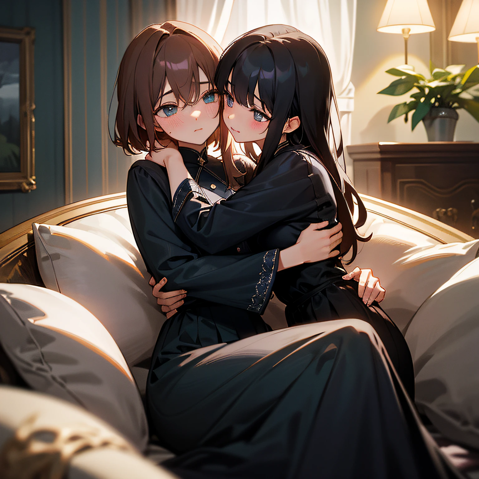 hight resolution,ultra-detailliert,Official art,Beauty and aesthetics,masterpiece,best qualtiy,ighly detailed,Variegated,Most details、Shining eyes、Detailed eyes、face perfect、enigmatic、A dark-haired、night wear、Hugging a girl on the sofa、Hugging each other、Two people staring at each other、laught、Perplexed、Secret Aise、red blush