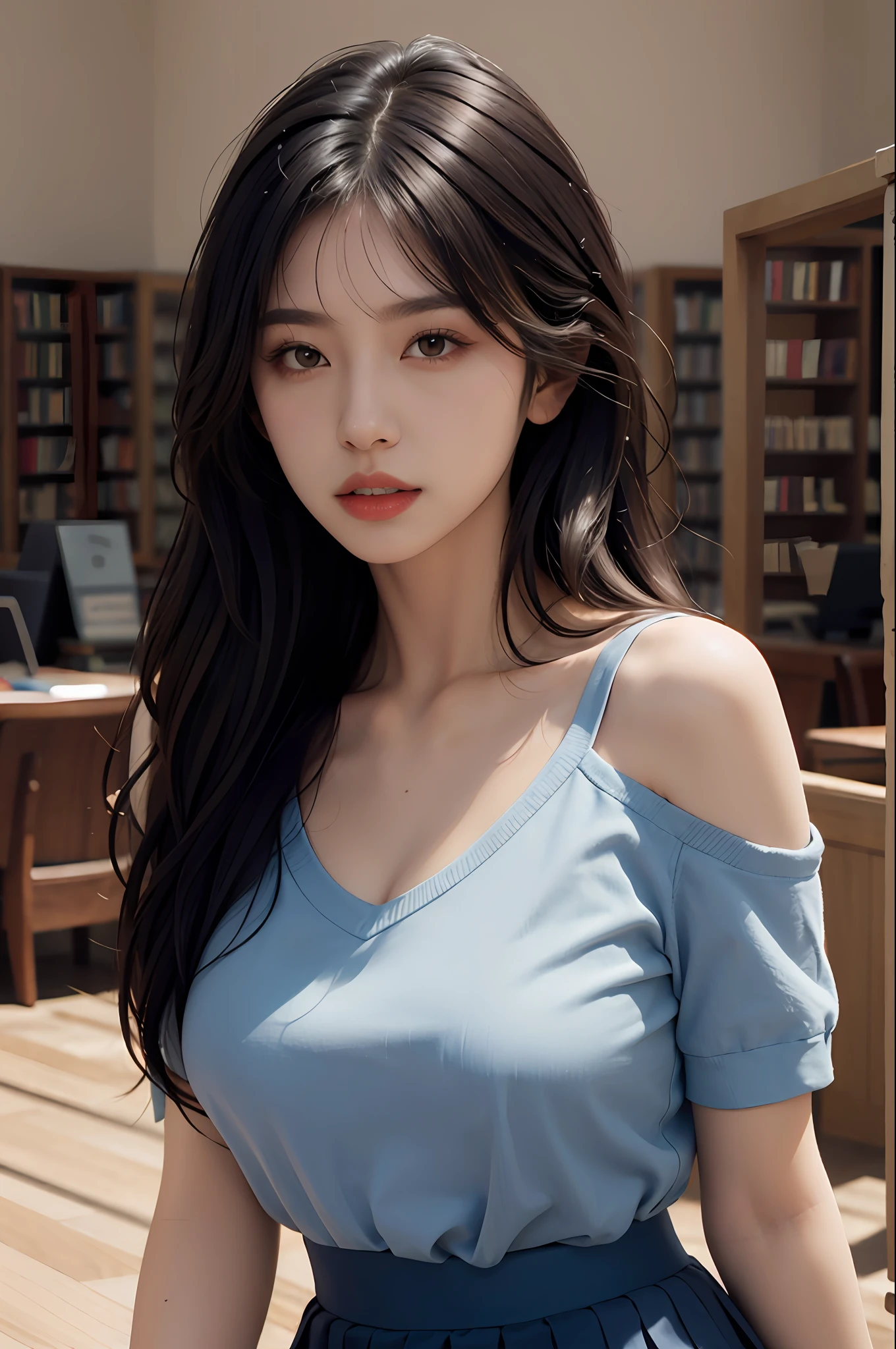 1girl,solo,(lshort-sleeved JK_sailor),JK_style,(dark blue JK_skirt),(bow JK_tie),(Inside the library:1.2),realistic,fully body,black hair,long hair,black eyes,lips,parted lips,collarbone,bare shoulders,portrait,nose,Best quality,masterpiece,ultra high res,(photorealistic:1.4),raw photo,