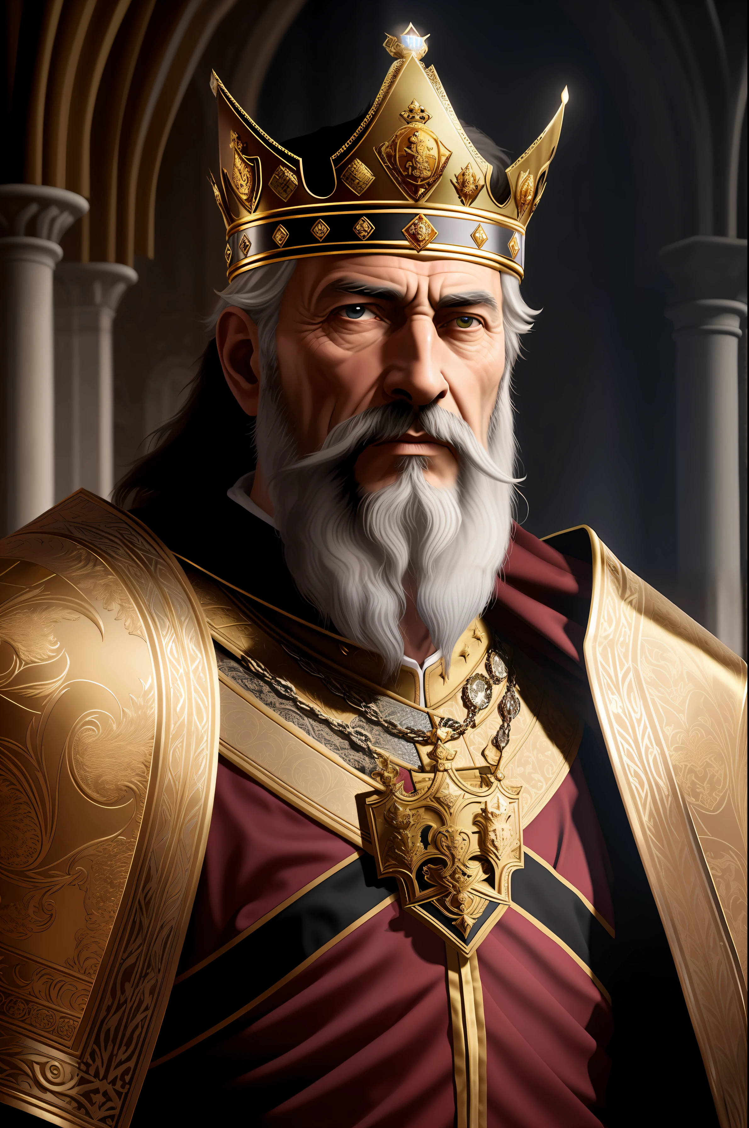 a close up of a man wearing a crown and a gold robe, medieval old king, portrait of a medieval old king, great king of stovokor, portrait of medieval old king, king richard the lionheart, crusader kings 3, majesty in noble clothes, portrait of emperor of mankind, portrait of a king, nicholas, viking king