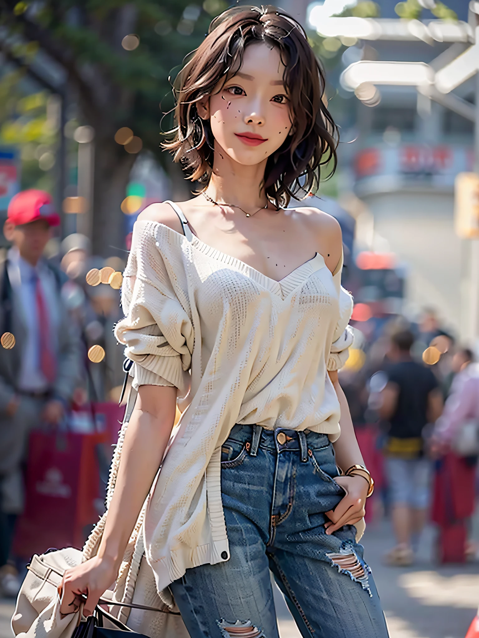 film photography, masterpiece, 1girl, ripped denim, white shirt, white sneaker, shopping, seductive smile, medium breast, full body, drunk blush:1.5, black wavy shoulder-length hair, serene, calm, (realistic detailed eyes, natural skin texture, realistic face details), soft dramatic lighting, depth of field, bokeh, vibrant details, finely detailed, hyperrealistic