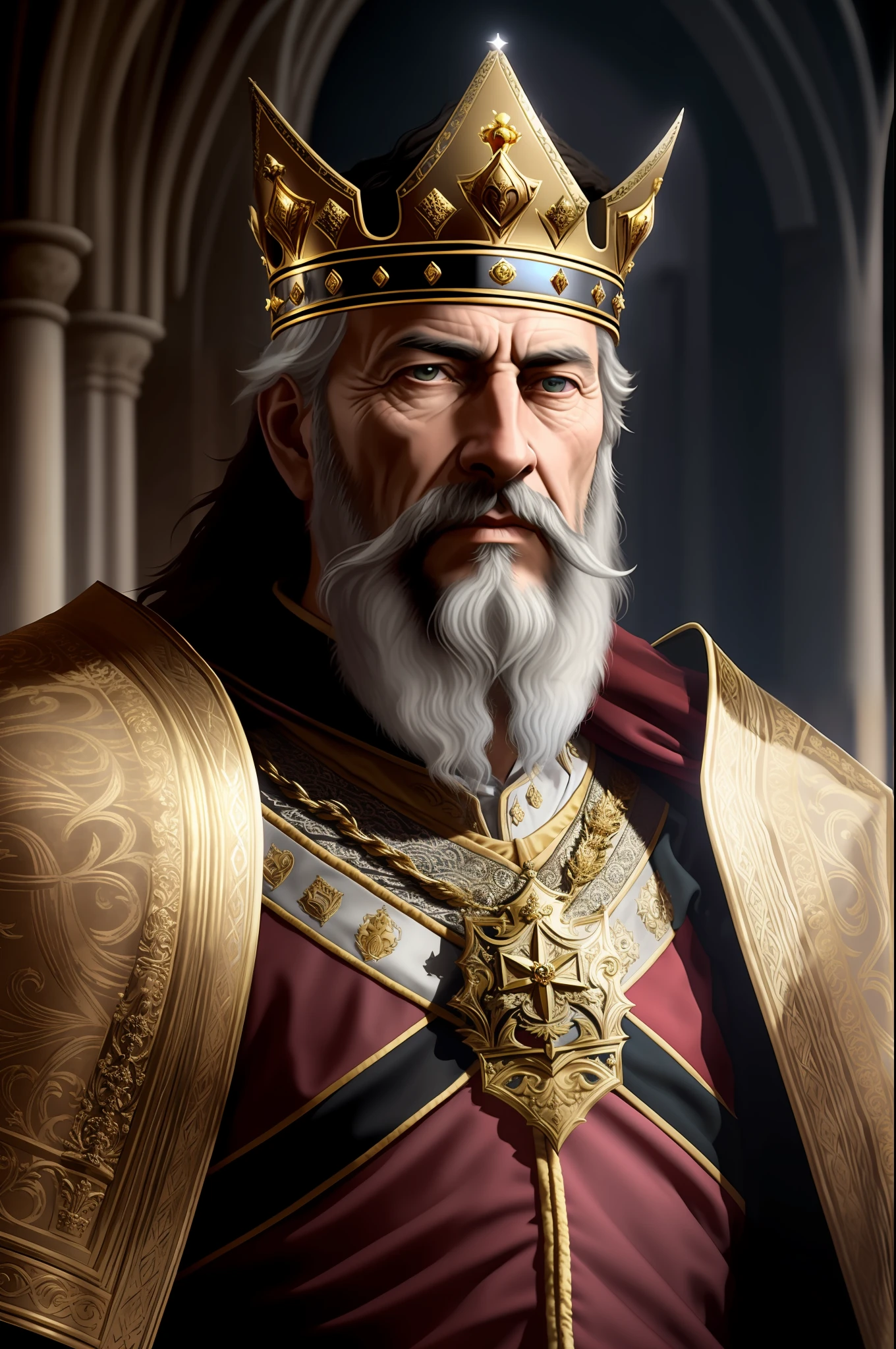 a close up of a man wearing a crown and a gold robe, medieval old king, portrait of a medieval old king, great king of stovokor, portrait of medieval old king, king richard the lionheart, crusader kings 3, majesty in noble clothes, portrait of emperor of mankind, portrait of a king, nicholas, viking king