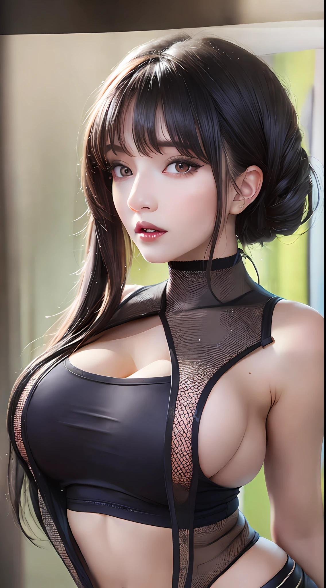 (Masterpiece:1.2), A high resolution, (High quality:1.2),(Huge breasts:1.5) Detailed face, Render a detailed body, 1girll, Solo, hyuga hyuga, Hinata - No shirt, Sleeveless shirt, Top, fishnet top, Dark lips, Zipperless jacket, No bra, breasts out, Nippur, standing, Be red in the face, (In the bedroom)