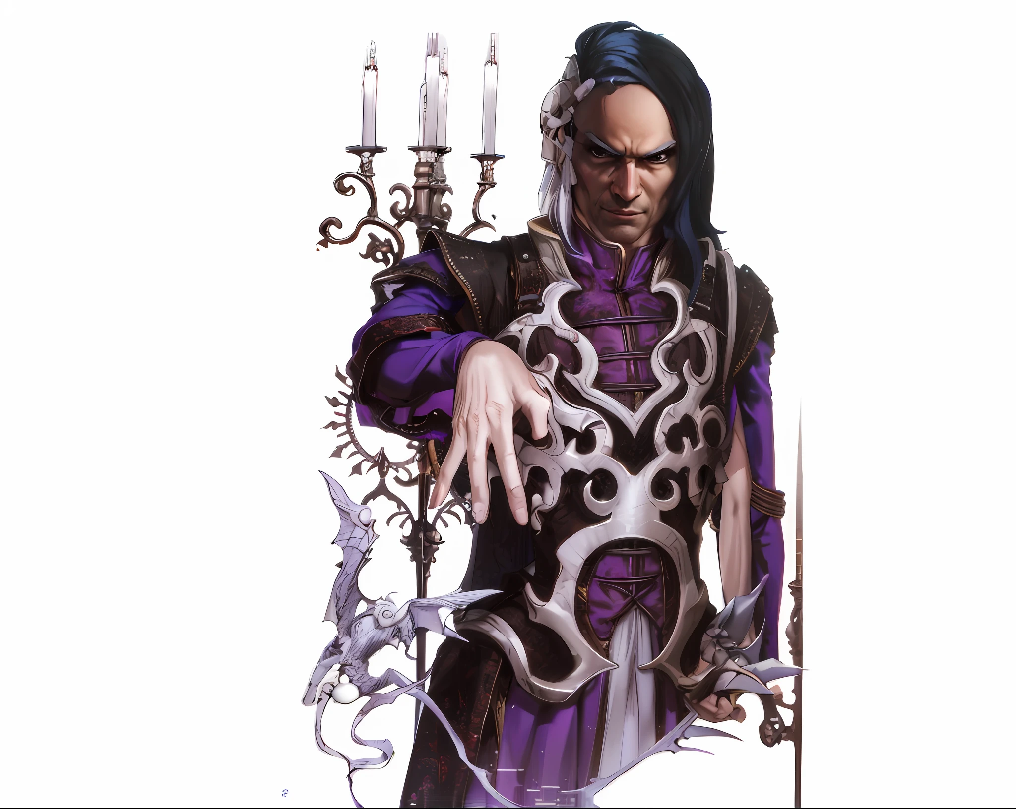um close up de uma pessoa em uma fantasia segurando uma vela, male vampire of clan banu haqim, feiticeiro masculino malvado, picture of a male cleric, rsrs, nobre elfo macho em vestes pretas, vampire of clan lasombra, velho feiticeiro macho, necromante masculino, inspirado por Li Kan, Lich Demon Mage Classe