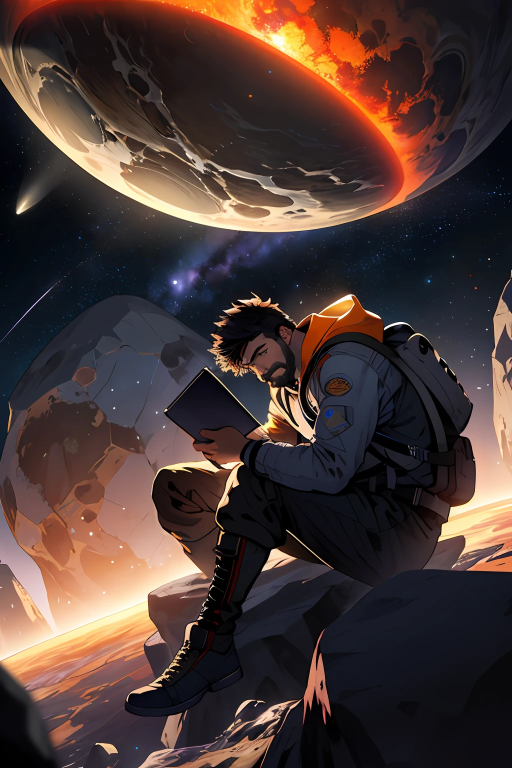 Draw a young programmer, sitting on a research platform floating in the middle of an asteroid belt. He is studying with a notebook, surrounded by several asteroids glowing with fiery auras. Dramatic lighting from distant stars and planets illuminates the scene, casting deep shadows on the suit. The young man looks confident and determined, looking at the vast and mysterious universe with wonder and respect,facial hair, cowboy shot,