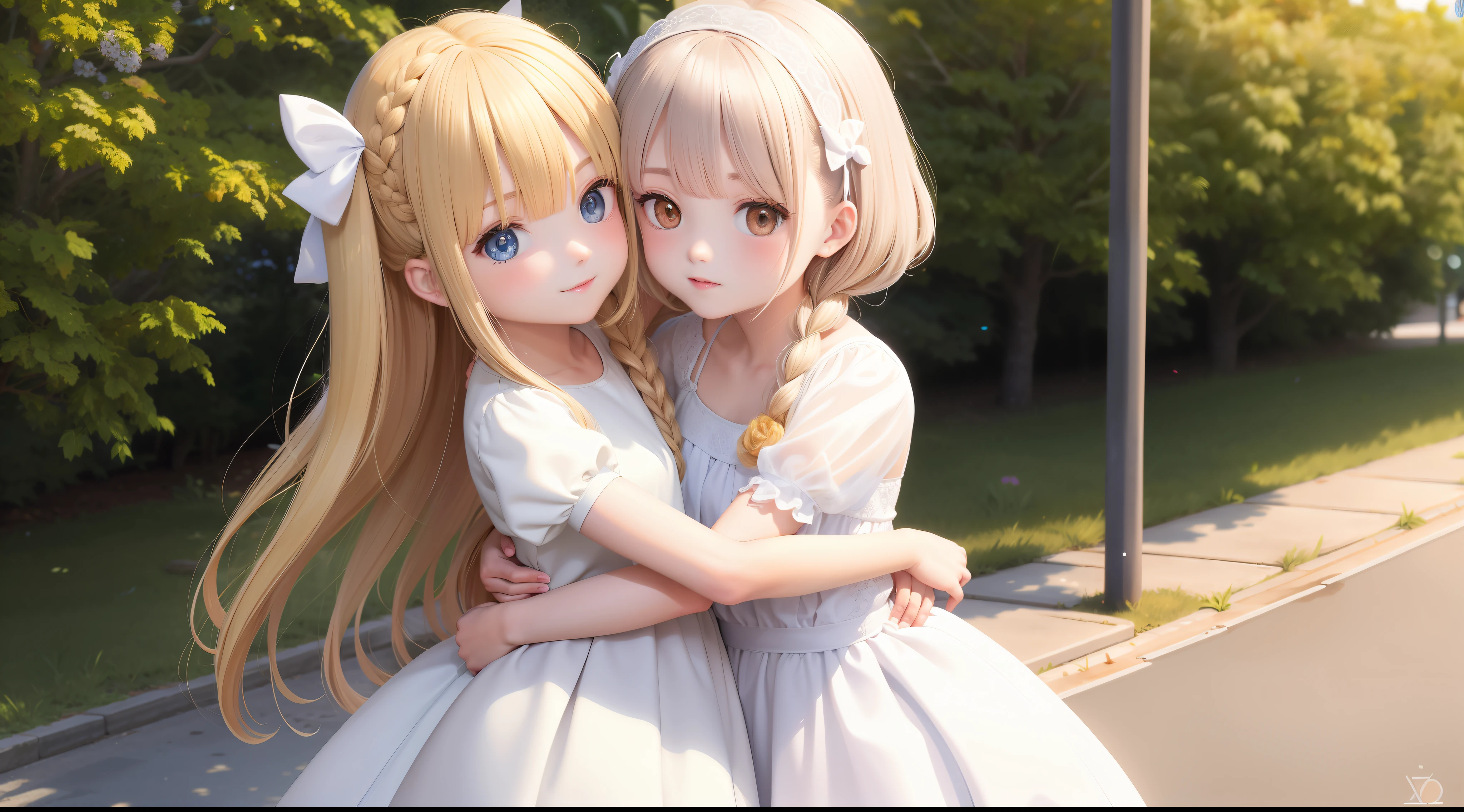 ,whaite hair,SideBraid,Golden eyes,white dresses,Two people hugging each other,modern