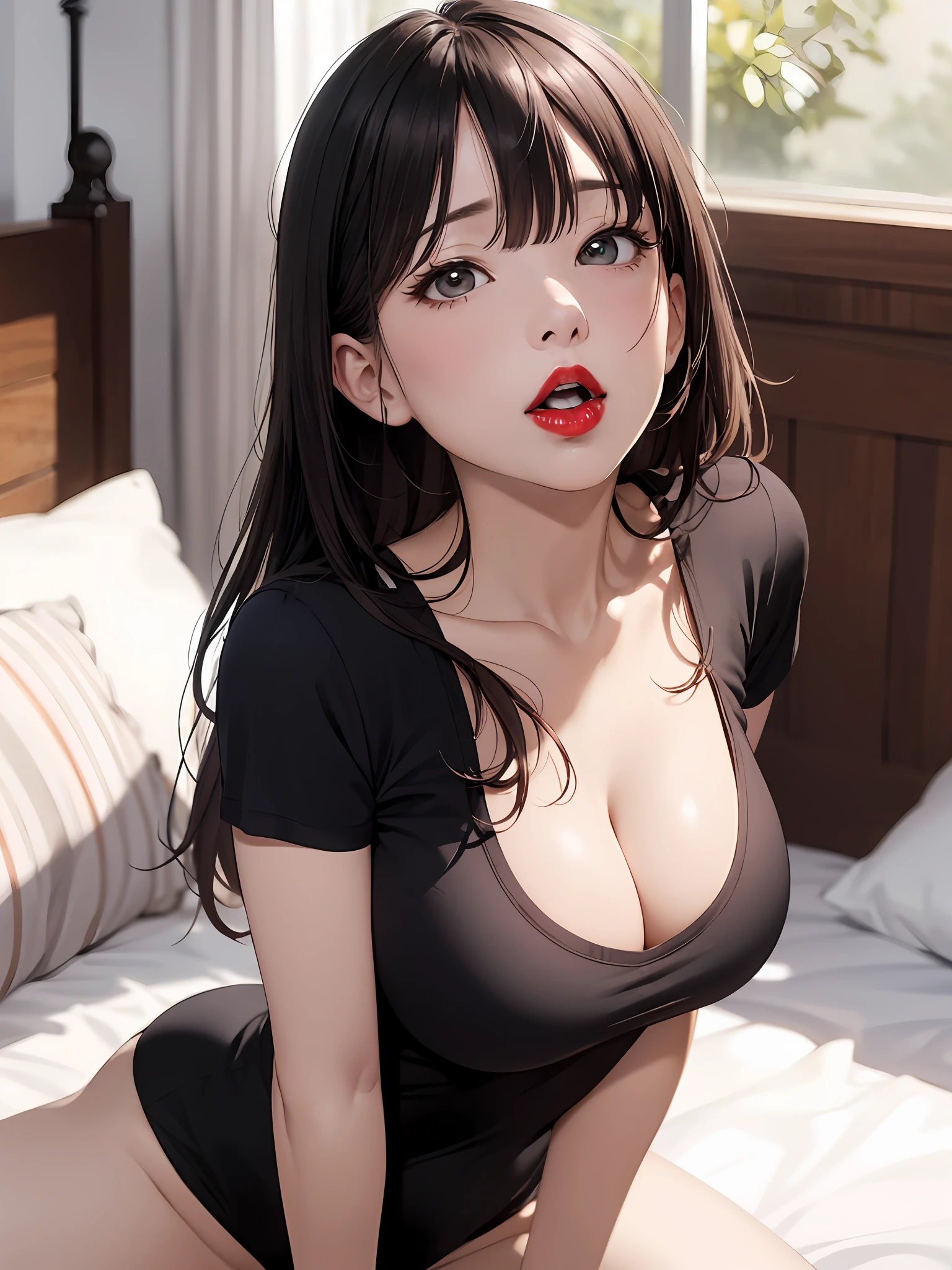 realisticlying、45-year-old girl、T-shirt wearing,Face enhancement,Chest super large zoom,Cleavage emphasis,Looking up from the bottom,Blushing,Red lips,A sexy,Bed sit,Open your mouth wide、Put your arms around the back of your head、Wearing underwear