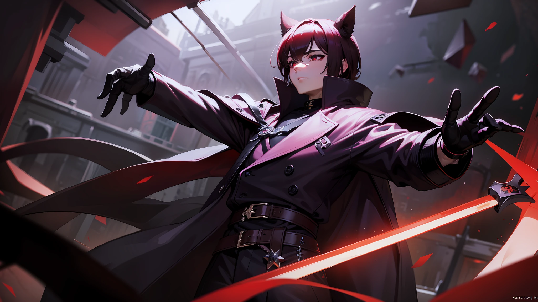 Best quality, masterpiece, digital art, artstation, 4k, HDR, volumetric lighting, RXY ADULT MALE MAN, short dark burgundy hair with bangs covering the left eye, white skin color, both eyes are obsidian purple, has a claw scar on the left eye, black cat ears on the head, with an iron great sword kept on the back in red color and in the middle of the sword has a black belt, is wearing black overcoat clothes with an Aristocrat V is underneath, gloves covering all hands