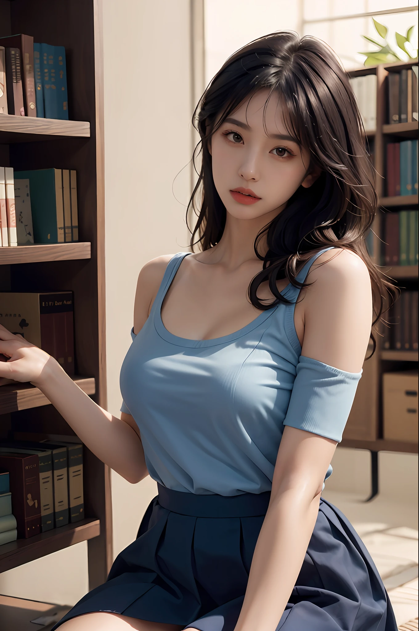 1girl,solo,(lshort-sleeved JK_sailor),JK_style,(dark blue JK_skirt),(bow JK_tie),(Inside the library:1.2),realistic,fully body,black hair,long hair,black eyes,lips,parted lips,collarbone,bare shoulders,portrait,nose,Best quality,masterpiece,ultra high res,(photorealistic:1.4),raw photo,