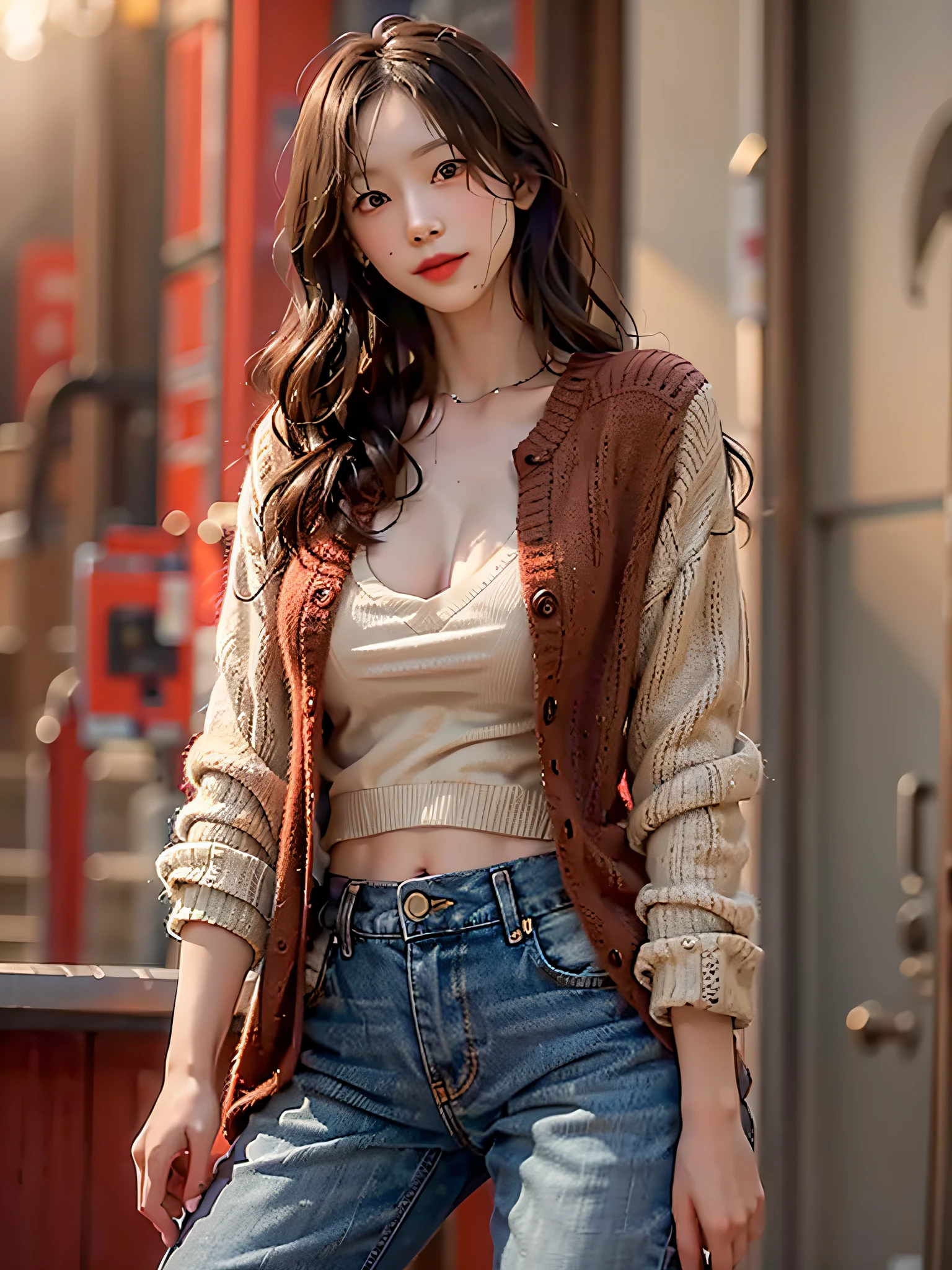 film photography, masterpiece, ultra realistic, 1girl, white shirt, unbuttoned, red cardigan, denim short, white sneaker, cleavage, seductive smile, medium breast, full body, drunk blush:1.5, black wavy shoulder-length hair, slender body, pale skins, serene, calm, (realistic detailed eyes, natural skin texture, realistic face details), soft dramatic lighting, depth of field, bokeh, vibrant details, finely detailed, hyperrealistic