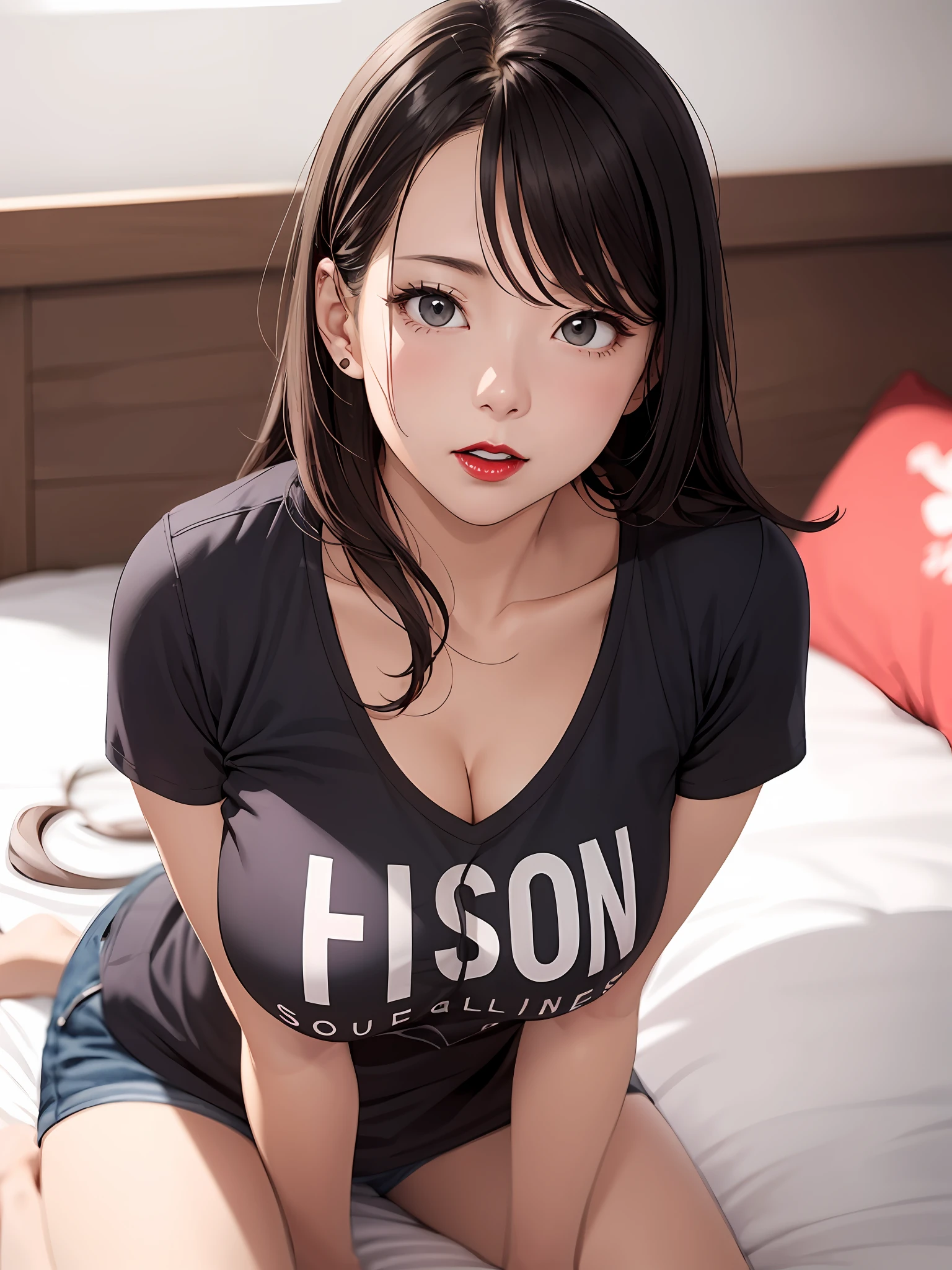 realisticlying、45-year-old girl、T-shirt wearing，Face enhancement，Chest super large zoom，Cleavage emphasis，Looking up from the bottom，Blushing，Red lips，A sexy，Bed sit，Open your mouth wide