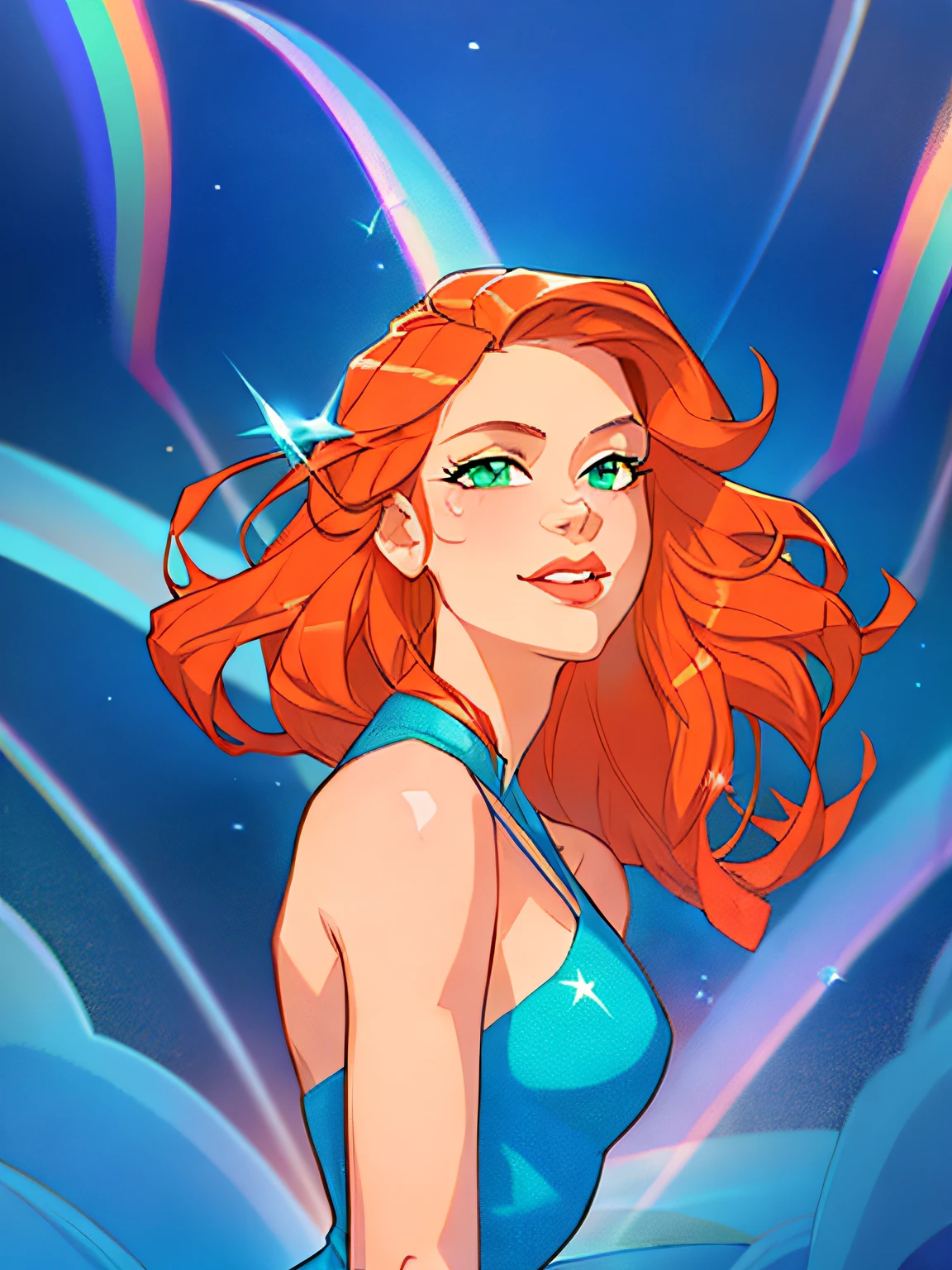 redhead woman with long red hair and green dress posing for a picture,hyper HD,(best detail),rainbow,(best qualtiy),the perfect face,naturey,Colorful,young,Youth,Pleasure,starlights,Irridescent color
