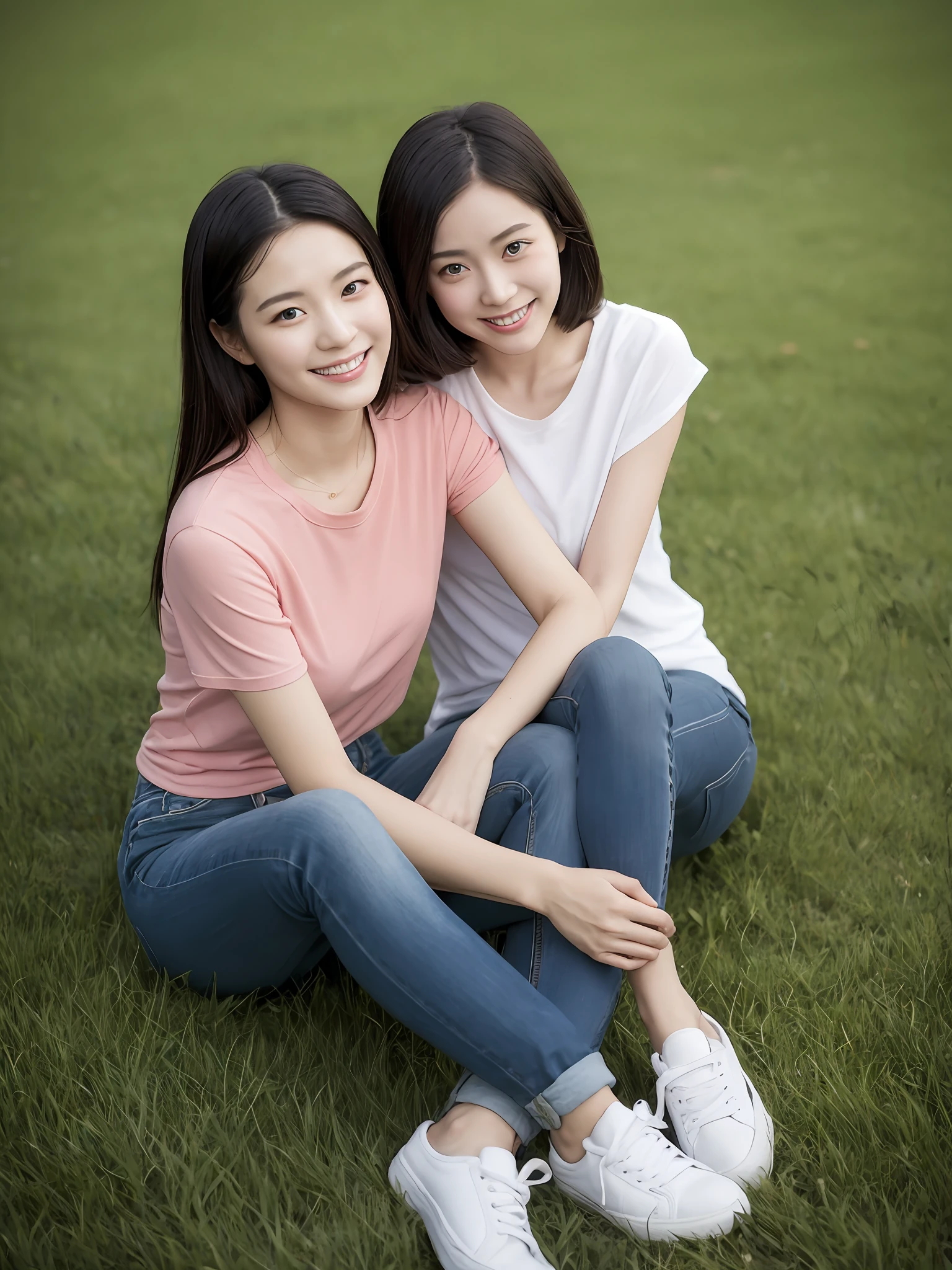 (超高分辨率,RAW photogr,realisticlying,tmasterpiece,best qualtiy:1.4),Complicated details,3个女孩,3 20 year old Korean girl,Wear a loose black T-shirt and skinny jeans,Stand on the grass and take pictures,hugs,Intimate relationships,Detailed meadow,A sweet smile on a small face,Ultra-realistic facial details,The face and skin are pink and white, and luminous,Playful and coquettish pose,The calves are straight and slender:1.2,Wear high-end brand sneakers:1.0,eventide:0.3,Broad lighting,naturalshadow:1.0,超高分辨率,taking a full body photo:1.8 --auto