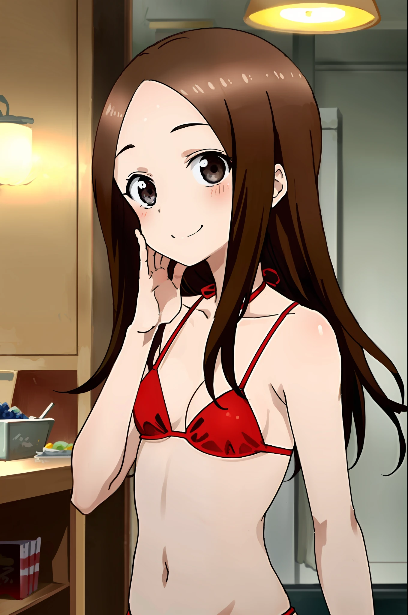 Takagi1, 1girl, solo, red bikini, blush, sassy smile, best quality, masterpiece, upper body