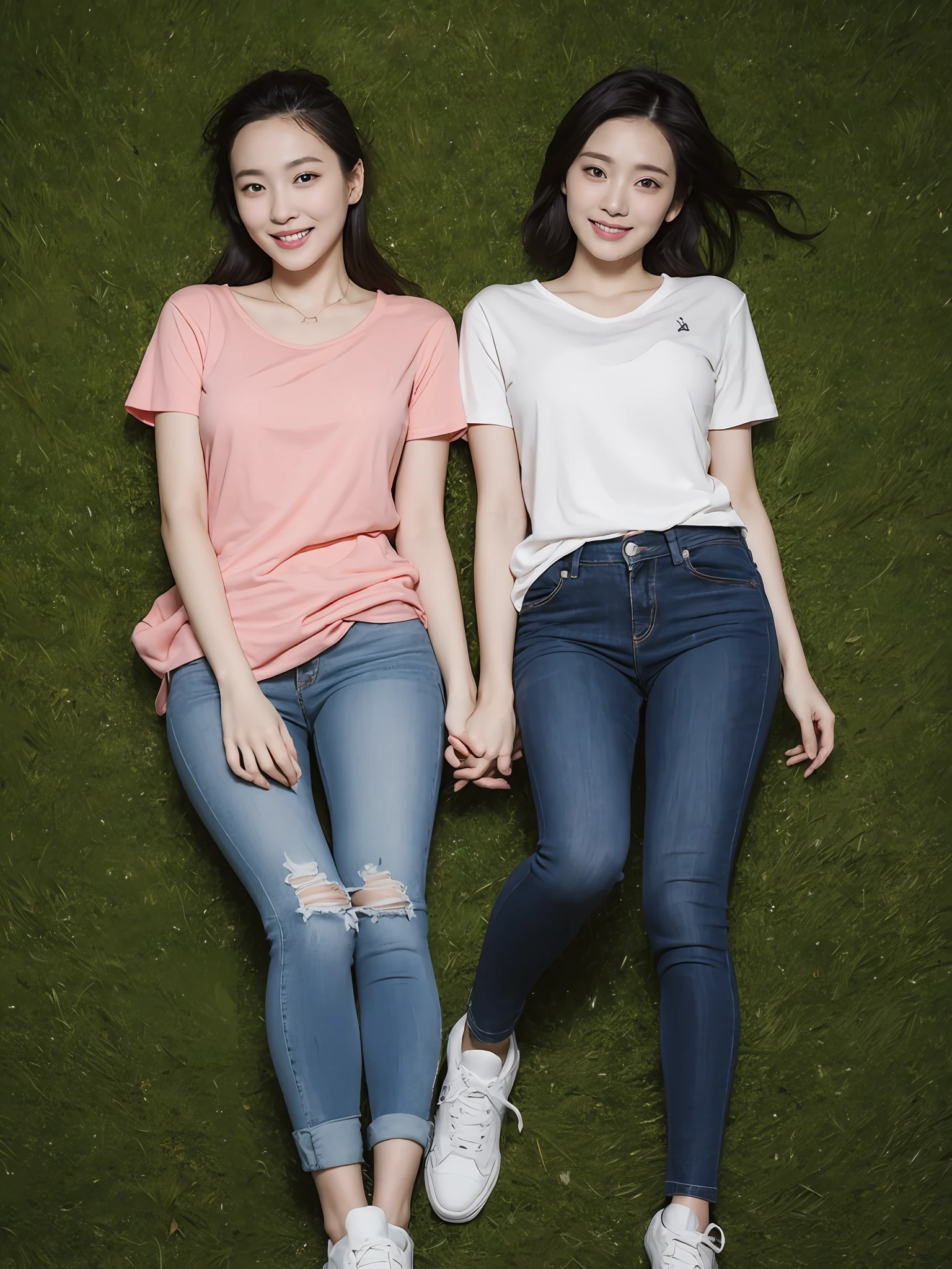 (超高分辨率,RAW photogr,realisticlying,tmasterpiece,best qualtiy:1.4),Complicated details,3个女孩,3 20 year old Korean girl,Wear a loose black T-shirt and skinny jeans,Stand on the grass and take pictures,hugs,Intimate relationships,Detailed meadow,A sweet smile on a small face,Ultra-realistic facial details,The face and skin are pink and white, and luminous,Playful and coquettish pose,The calves are straight and slender:1.2,Wear high-end brand sneakers:1.0,eventide:0.3,Broad lighting,naturalshadow:1.0,超高分辨率,taking a full body photo:1.8 --auto