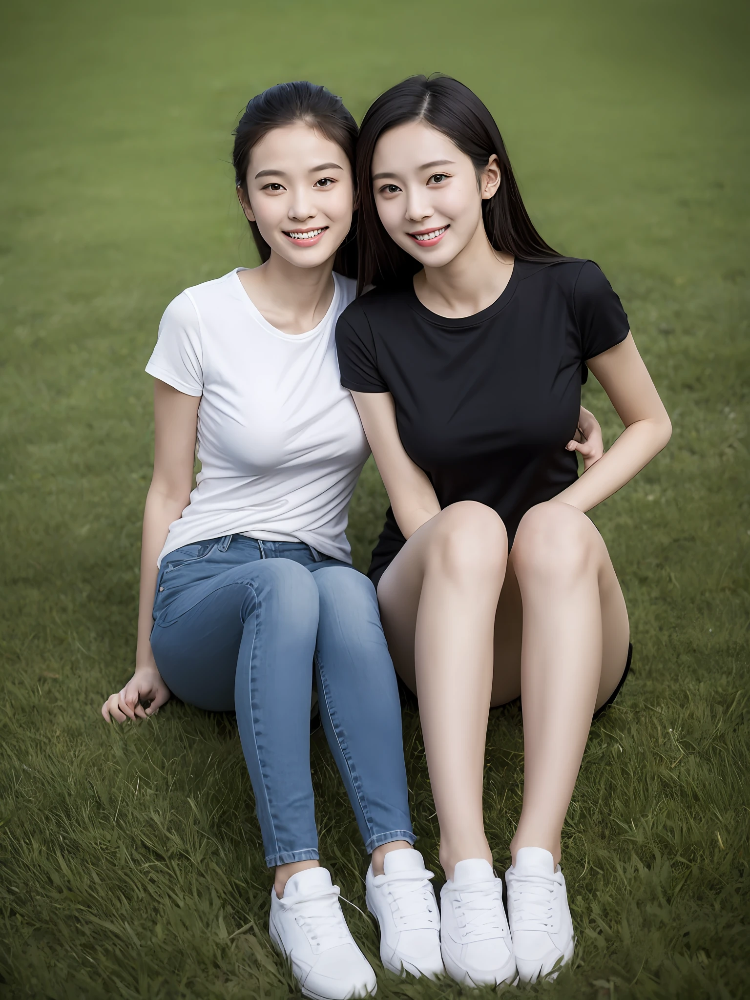 (超高分辨率,RAW photogr,realisticlying,tmasterpiece,best qualtiy:1.4),Complicated details,3个女孩,3 20 year old Korean girl,Wear a loose black T-shirt and skinny jeans,Stand on the grass and take pictures,hugs,Intimate relationships,Detailed meadow,A sweet smile on a small face,Ultra-realistic facial details,The face and skin are pink and white, and luminous,Playful and coquettish pose,The calves are straight and slender:1.2,Wear high-end brand sneakers:1.0,eventide:0.3,Broad lighting,naturalshadow:1.0,超高分辨率,taking a full body photo:1.8 --auto