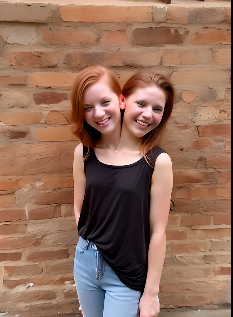 2heads, two headed girl, (:1.5), (one torso:1.5), (female:1.5), (redhead:1.4), (teena, (caucasian:1.5), (two heads on one body:1.4), conjoined twins, heads side by side, one torso, young, uncomfortable, barefoot